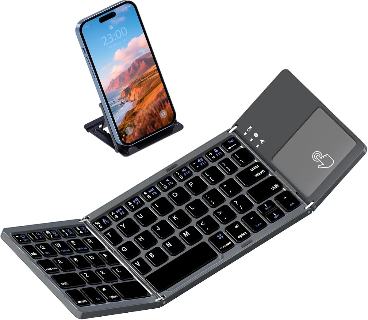 ROCK&ROWN Foldable Bluetooth Keyboard, Pocket Size Portable Wireless Keyboard with Touchpad for Mac OS,Android, Windows, Linux, PC, Tablet, with Rechargeable Li-ion Battery-Dark Gray