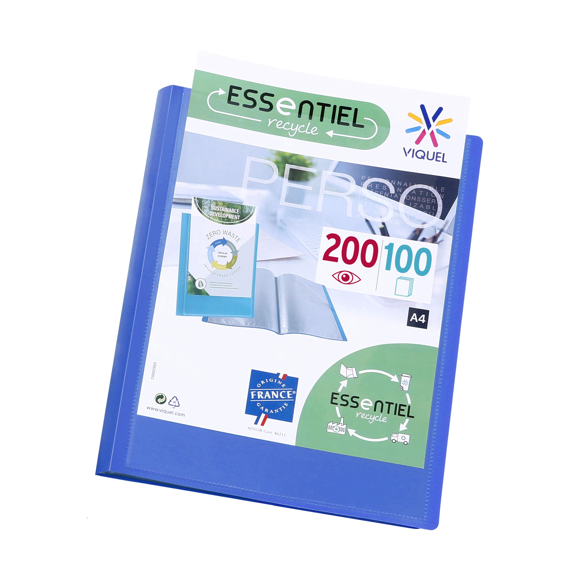 Viquel - A4 Presentation Folder 200 Views Essentiel - Customisable Document Holder - Made in France - 100 Smooth Quality Pockets - Blue