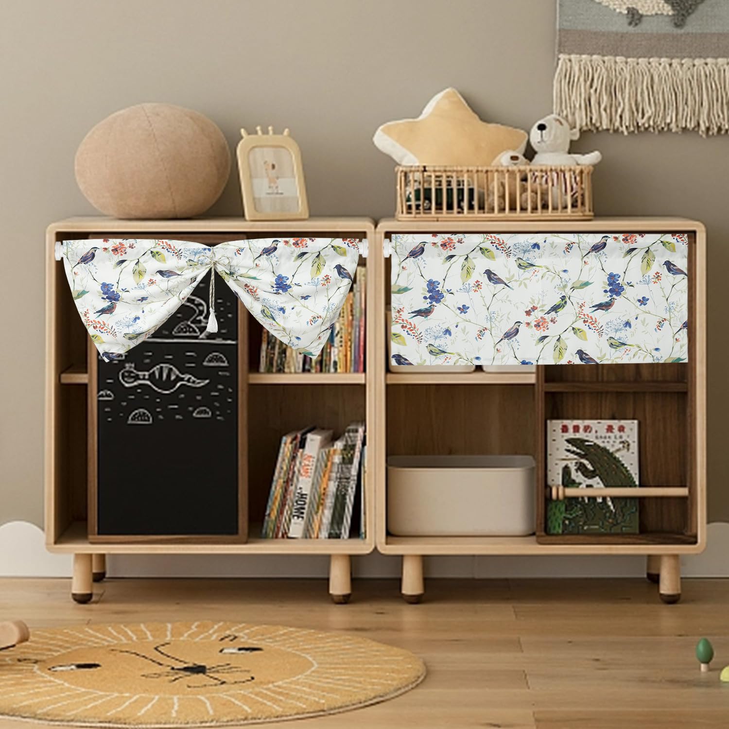VOGOL Tenda Mantovana Rustica Con Uccelli Blu - Drappo In Tessuto Per Finestra Cucina, Stile Country, 106x46 Cm, 1 Pannello Con Tasca Porta Asta
