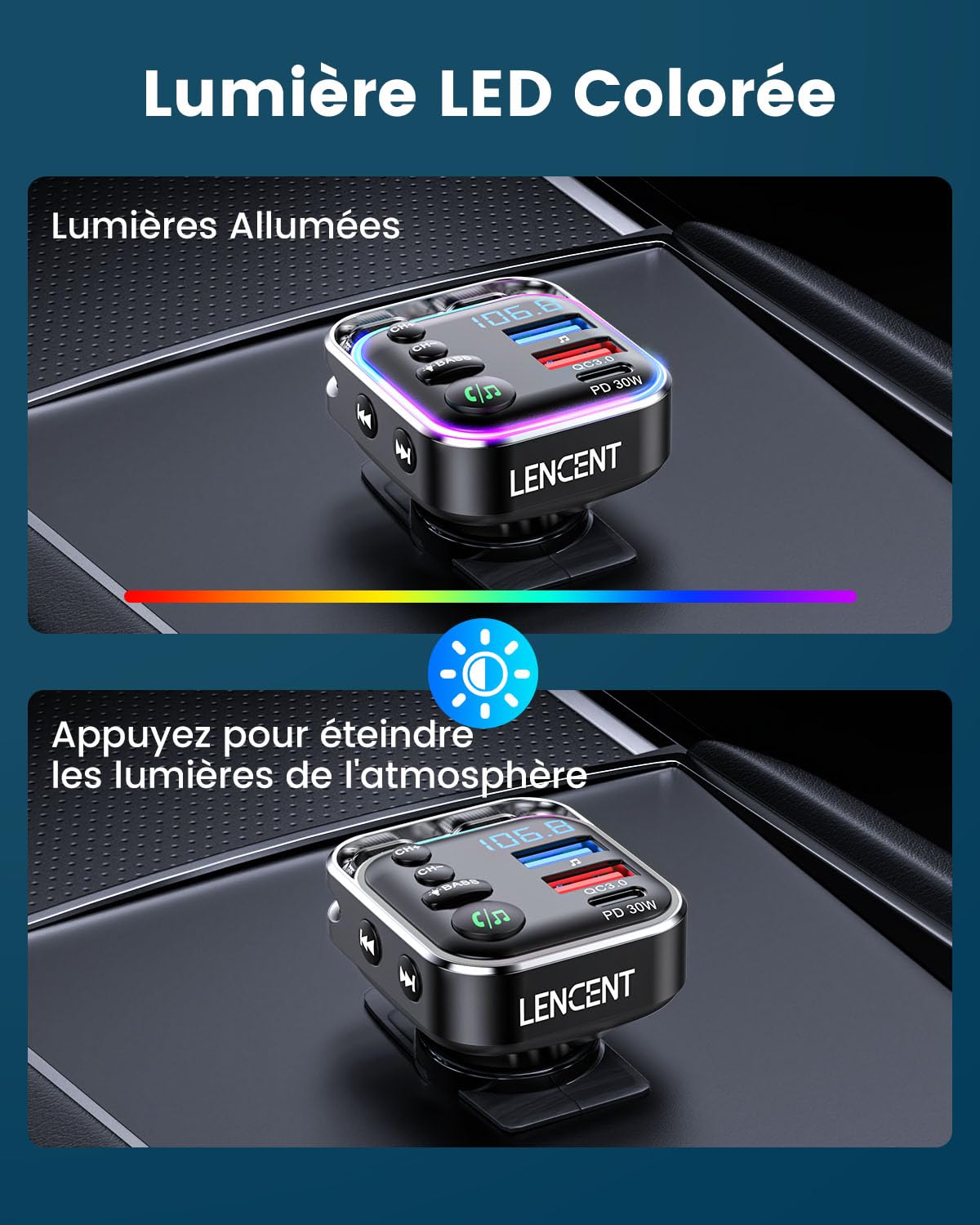 LENCENT Transmetteur FM Voiture, Allume Cigare Bluetooth 5,3 Émetteur Radio, Chargeur Rapide PD 30W & QC3.0 18W Hi-FI, Appels clairs Adaptateur pour