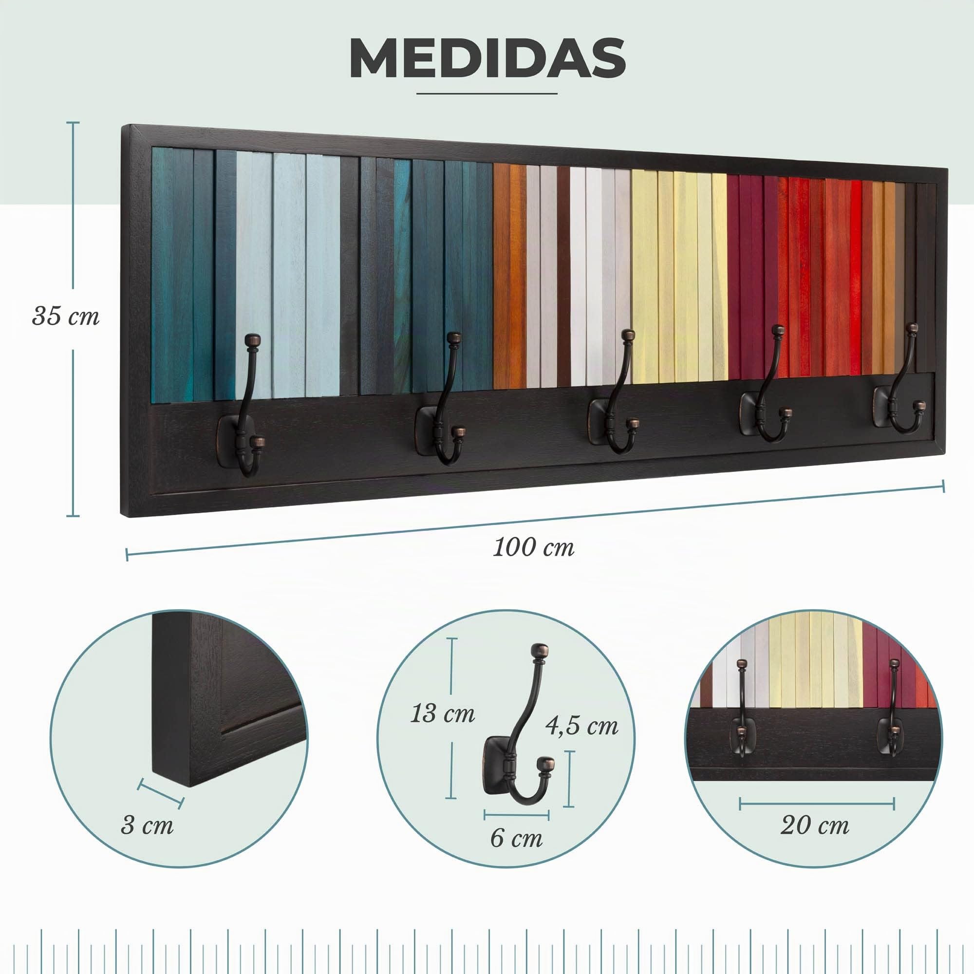 Perchero de Pared de Madera Natural Acacia, Perchero de 100x35cm con 5 Ganchos, Perchero de Madera Maciza para recibidor de Entrada.