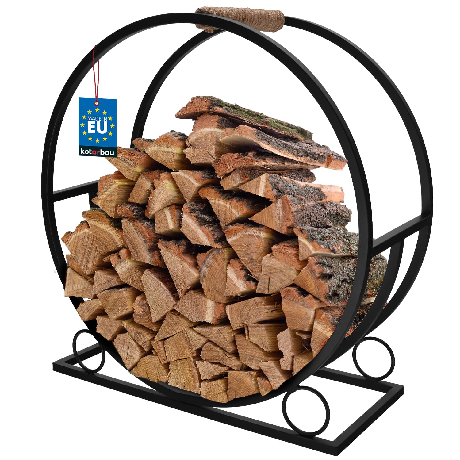 KOTARBAU® Holzkorb für Kaminholz - 55 x 25 x 60 cm - Kaminholzregal für innen & außen - Rund - ⌀ 60 cm - Holz Tragekorb - mit Griff - Metall Korb für Kaminholz - Dekorativ - Stahl - Schwarz