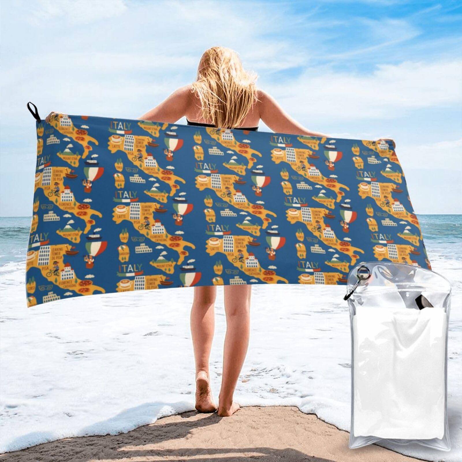 FHIZOAL Italy Map With Cultural Quick Dry Towel Microfibre Towel Super Absorbent Ultra Compact Gym Sports Beach Camping Travel