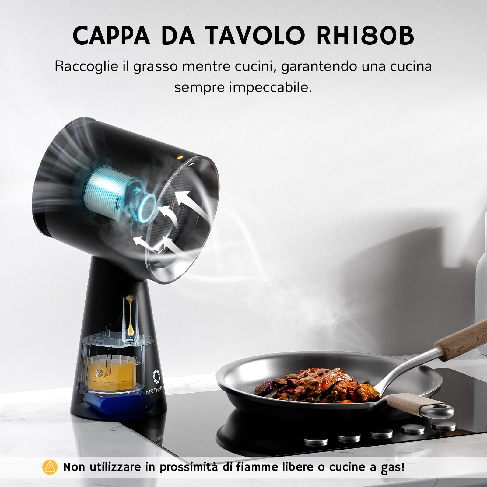 Airthereal Cappa aspirante portatile ricaricabile, cappa da tavolo con batteria, 3 velocità della ventola e grande contenitore per l'olio, estrattore da cucina mobile migliorato per camper – RH180B
