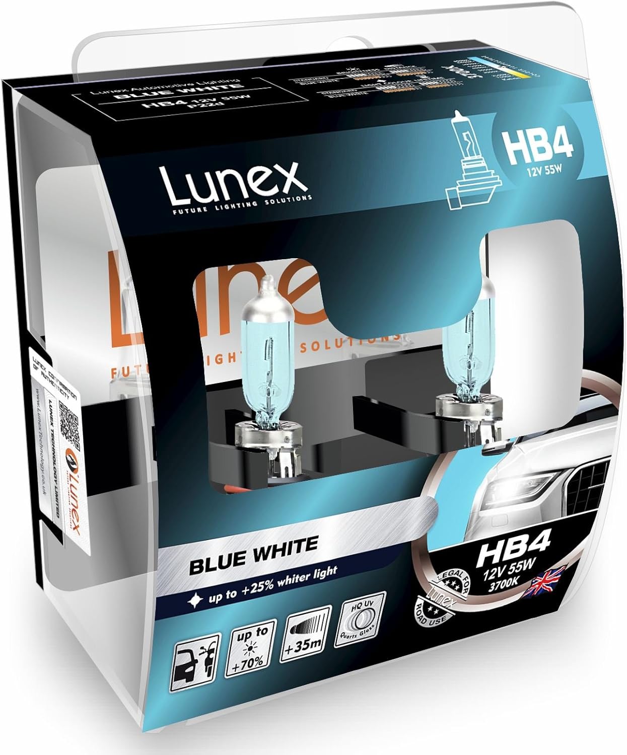 LUNEX HB4 9006 BLUE WHITE Headlight Halogen Bulbs 12V 55W P22d + 25% whiter light 3700K duobox (2 units)