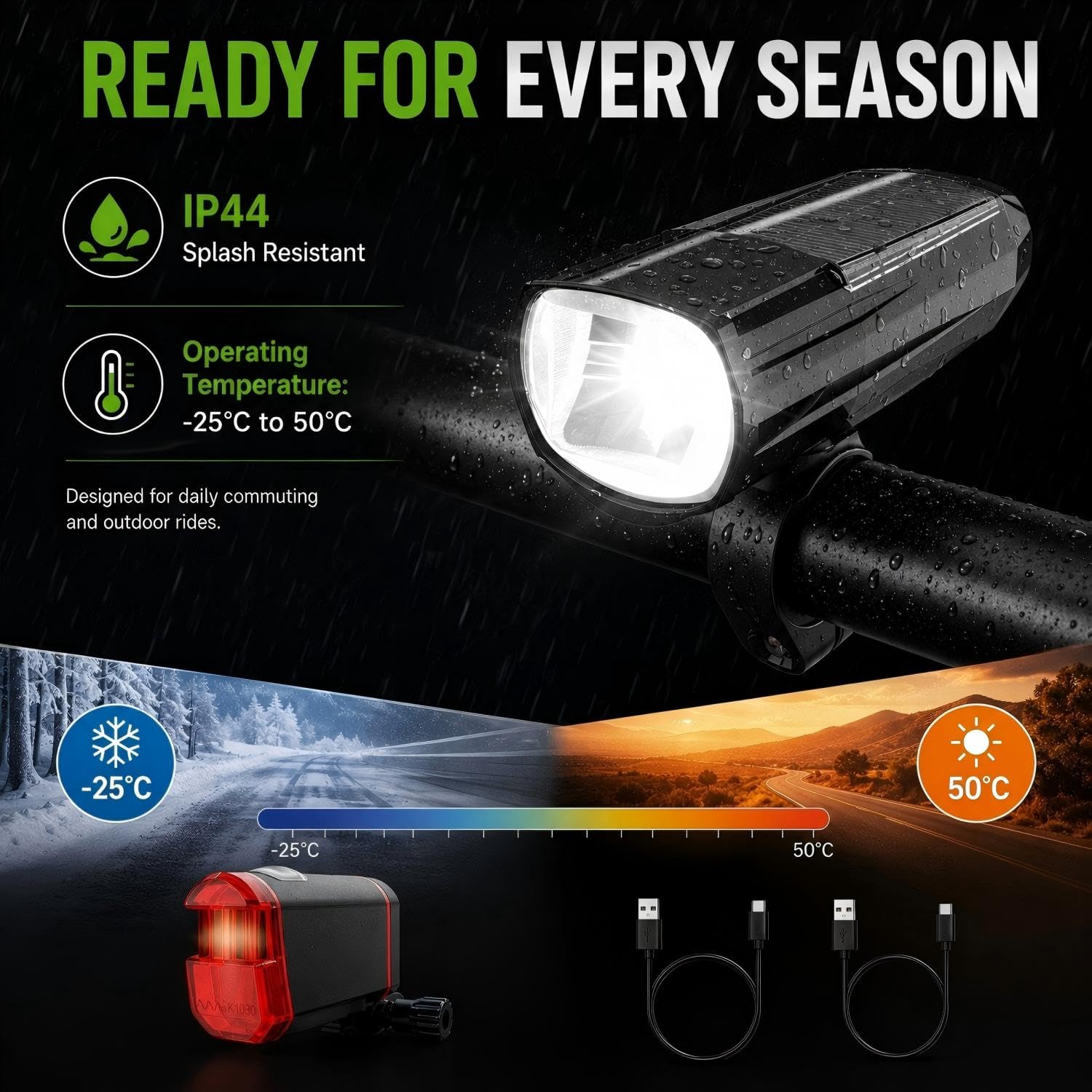 Wiederaufladbare Fahrradbeleuchtung Set, LED Vorne und Hinten Fahrradlichter, USB-C Aufladung, 2400mAh Akku, 3 Helligkeitsmodi, IP44 Wasserdicht, Solarunterstützung für Nachtradfahren