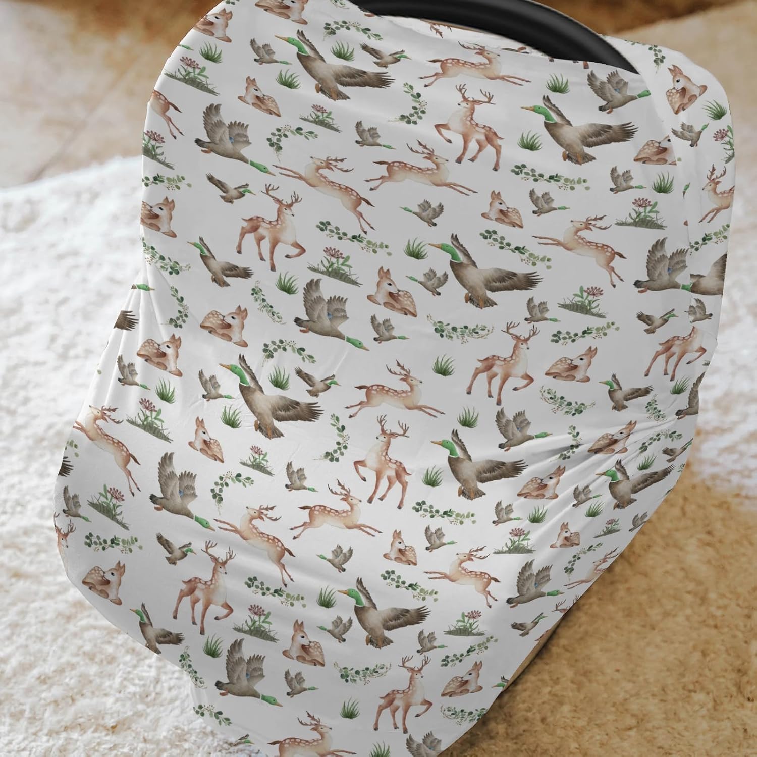 Wild Animals Hunting Baby Car Seat Covers Mallard Duck Deer Green Leaves Stretchy 5-in-1 Cover Adjustable Infant Carseat Canopy Cover Country Animal Hunters Breathable Nursing Cover-Up