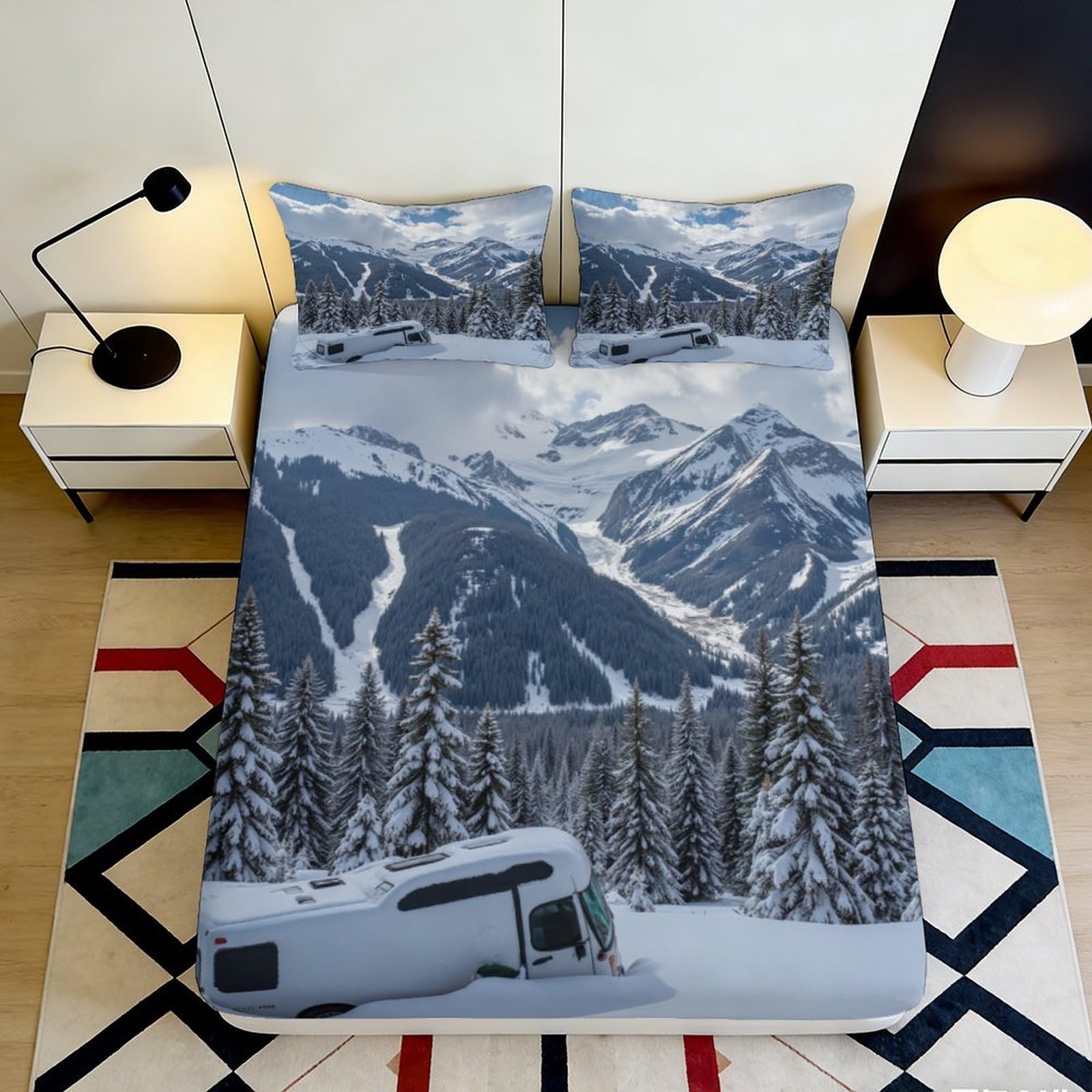 3D Printed Snowy Mountain Fitted Sheet Microfiber Soft Breathable Winter Landscape Bed Cover for Bedroom Dormitory Guest Room Mattress Protection Decor 180x200x25cm