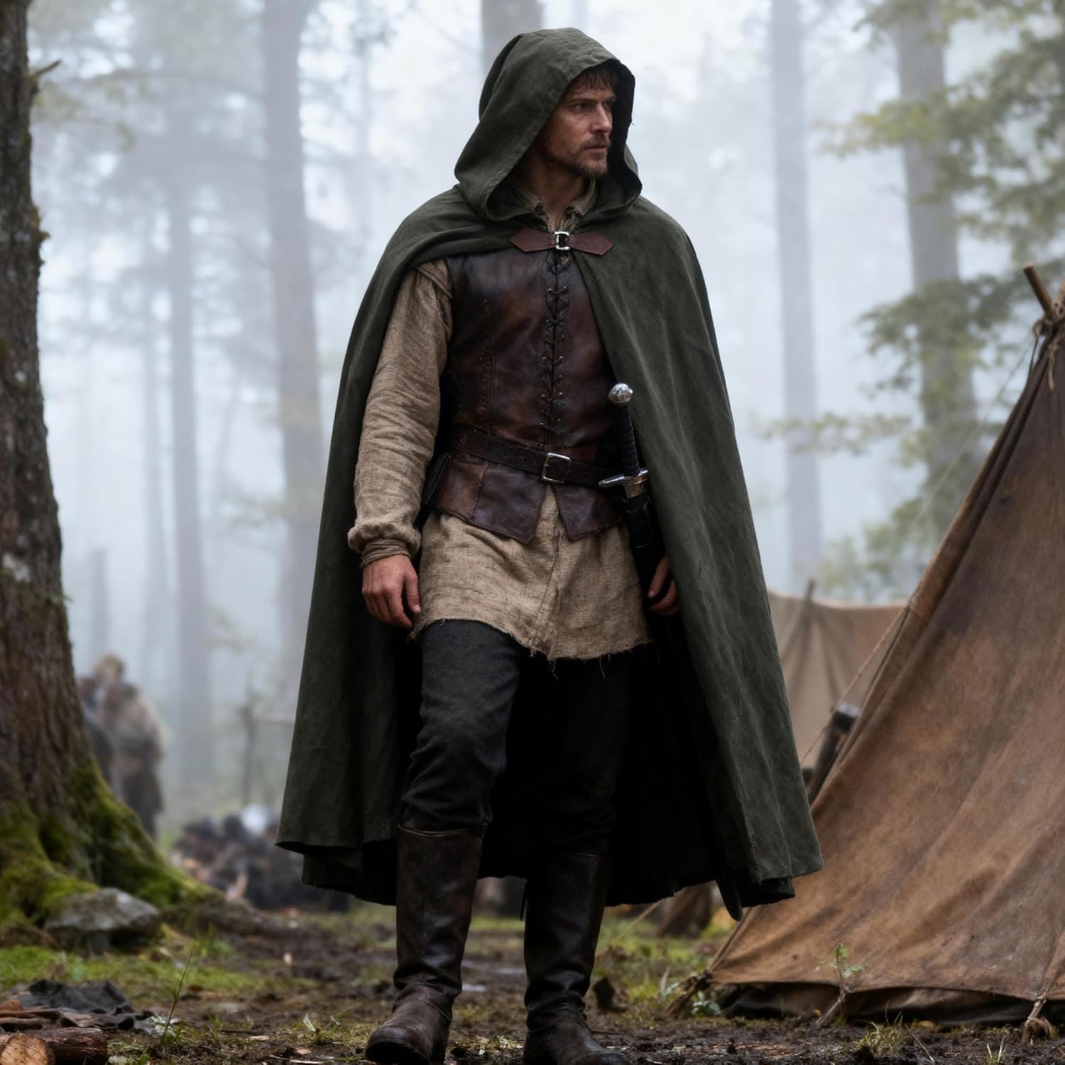 Men's Velvet Cloak with Hood, Renaissance Medieval Hooded Cloak for Women, Halloween Hood Cape with Metal Loop Clasp - Image 3