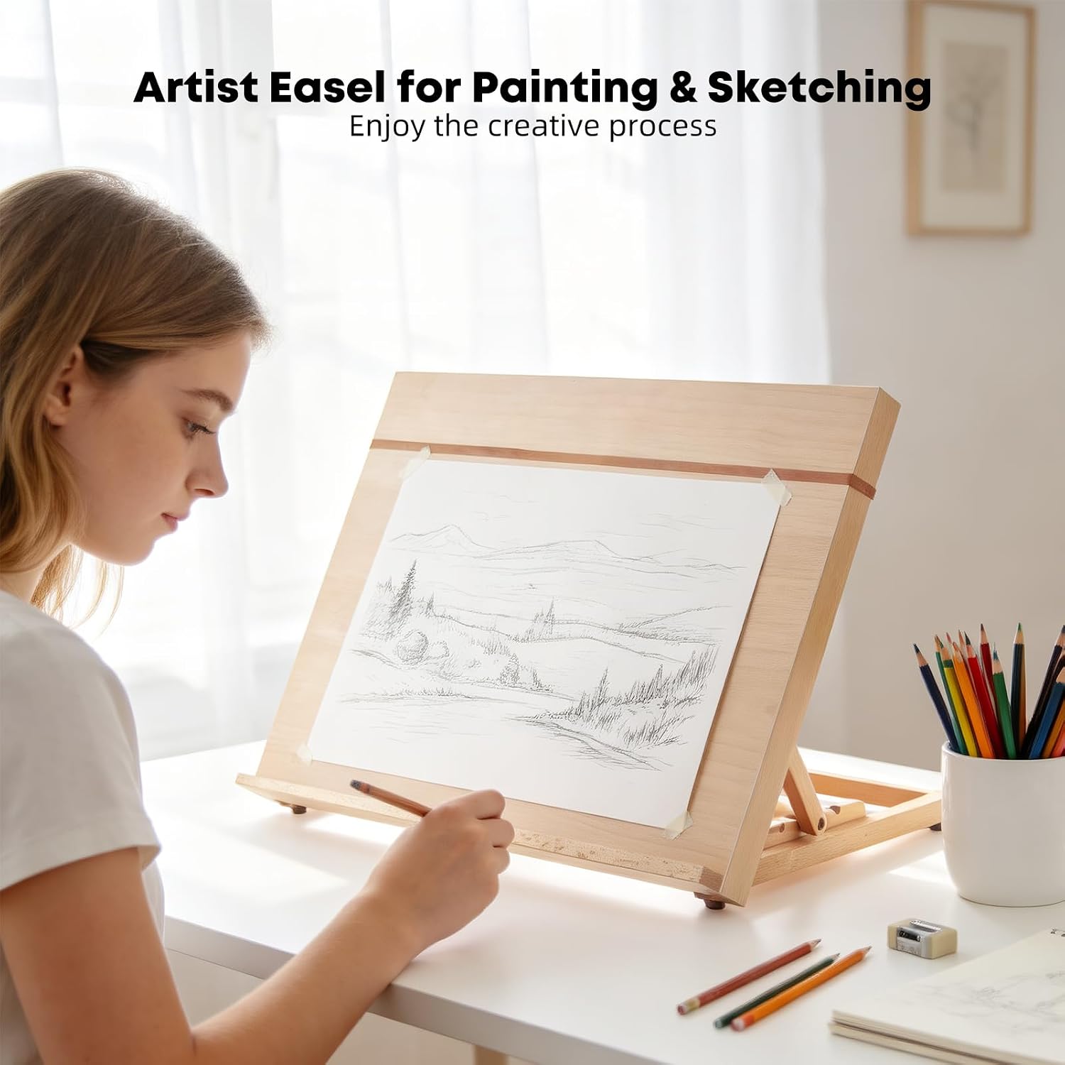 Wooden Tabletop Easel for Painting, Adjustable Table Top Artist Drawing Board for Adults, Students, 4-Position Art Easel Stand 18.5" x 14.2" Drafting Board with A3 Sketch Paper, A3