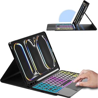 für iPad Pro 11 Zoll (M4) 2024 Hülle mit Abnehmbare Tastatur : DIY 3-Zonen 7-Farbiger Beleuchtung Tastaturen Hülle mit Touchpad für iPad Pro 11" 2024 (M4) QWERTZ Layout Tastatur mit Stifthalter