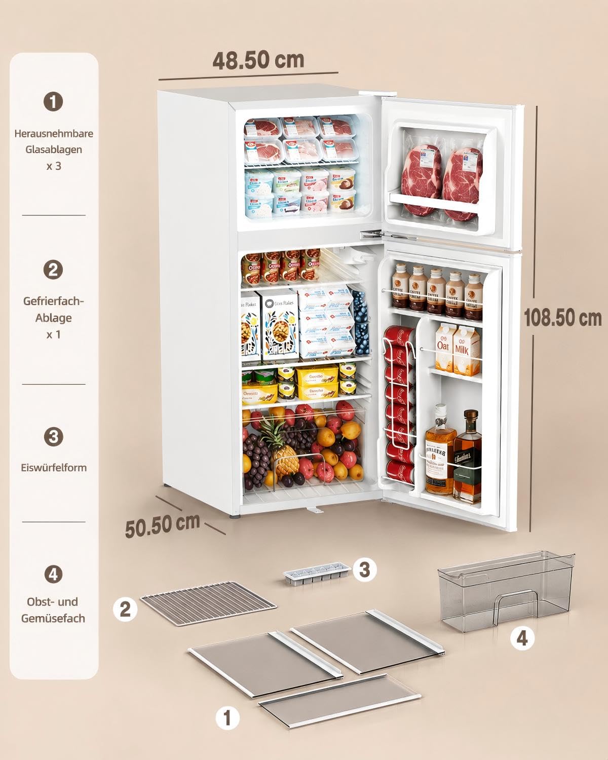 WELLENT 127L Kühlschrank mit Gefrierfach - Kompakter Zweitürer mit LED-Beleuchtung, 7-Stufigem Thermostat, Extrem Leise und Energieeffizient, ideal für Wohnheimzimmer& Büro