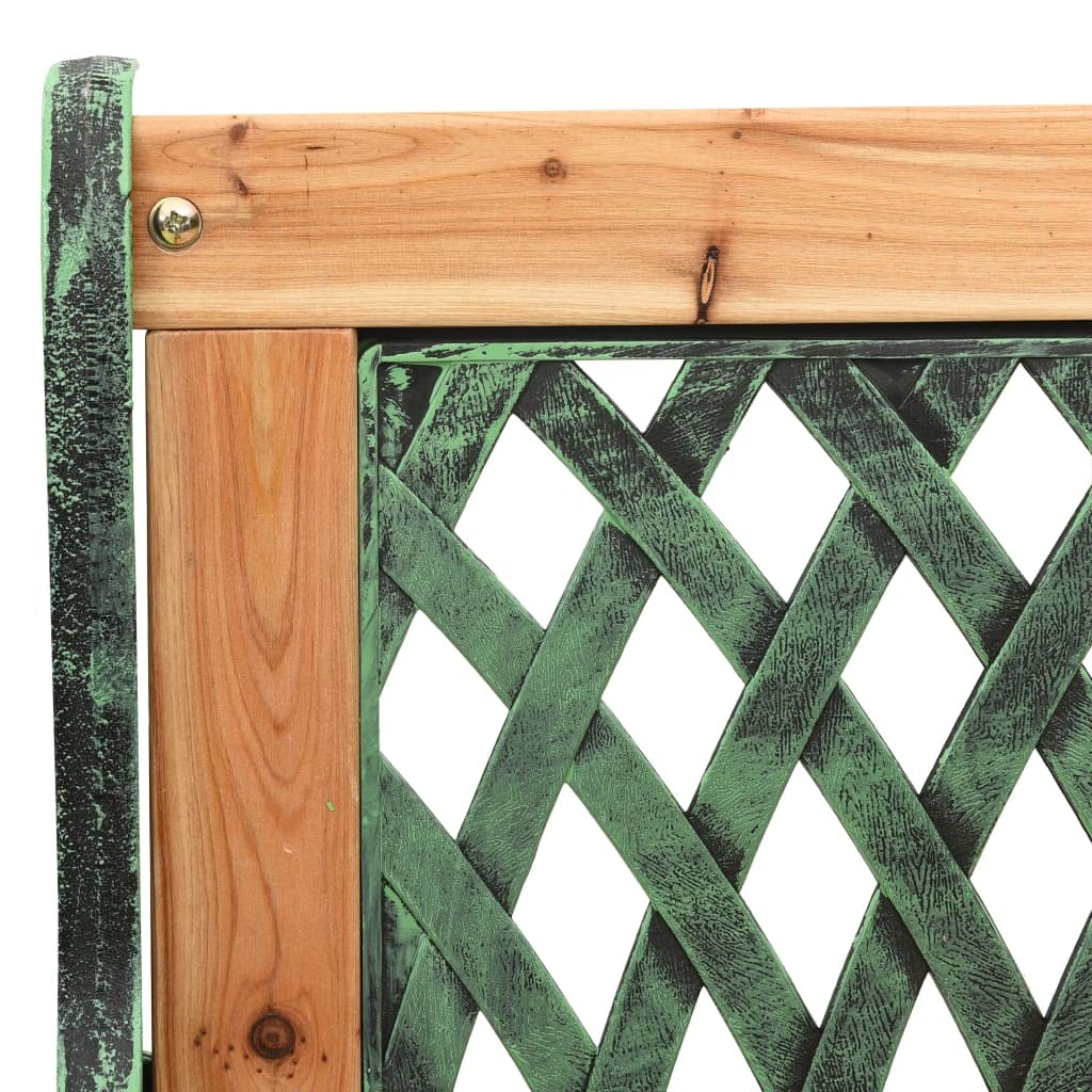 Banco de jardín de 122 cm de hierro fundido y madera maciza de abeto con respaldo decorativo de PVC en patrón de rejilla, para terraza y porche, estable y duradero