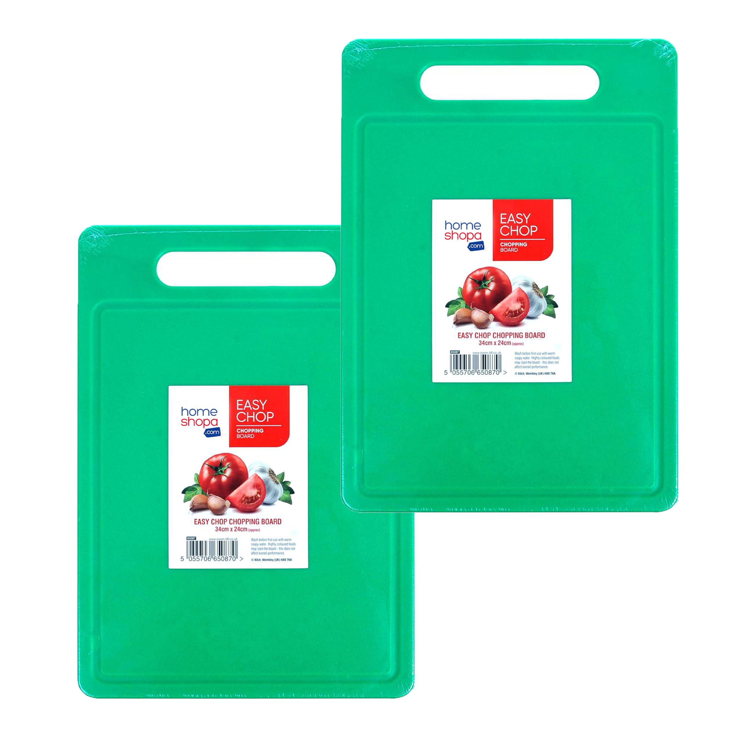 HOMESHOPA Plastic Chopping Board, 2 Pack BPA Free Kitchen Cutting Board, Non Slip Surface, Easy-Grip Handles, Dishwasher Safety, Large Board for Fruits/Vegetables/Meats, 34 x 24cm, Green