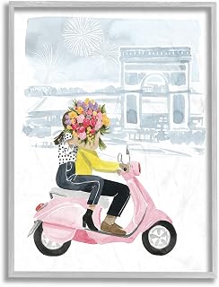 Stupell Industries Paris Flower Scooter Pink Blue Watercolor Painting Grey Framed Wall Art, 11 x 14, Multi-Color