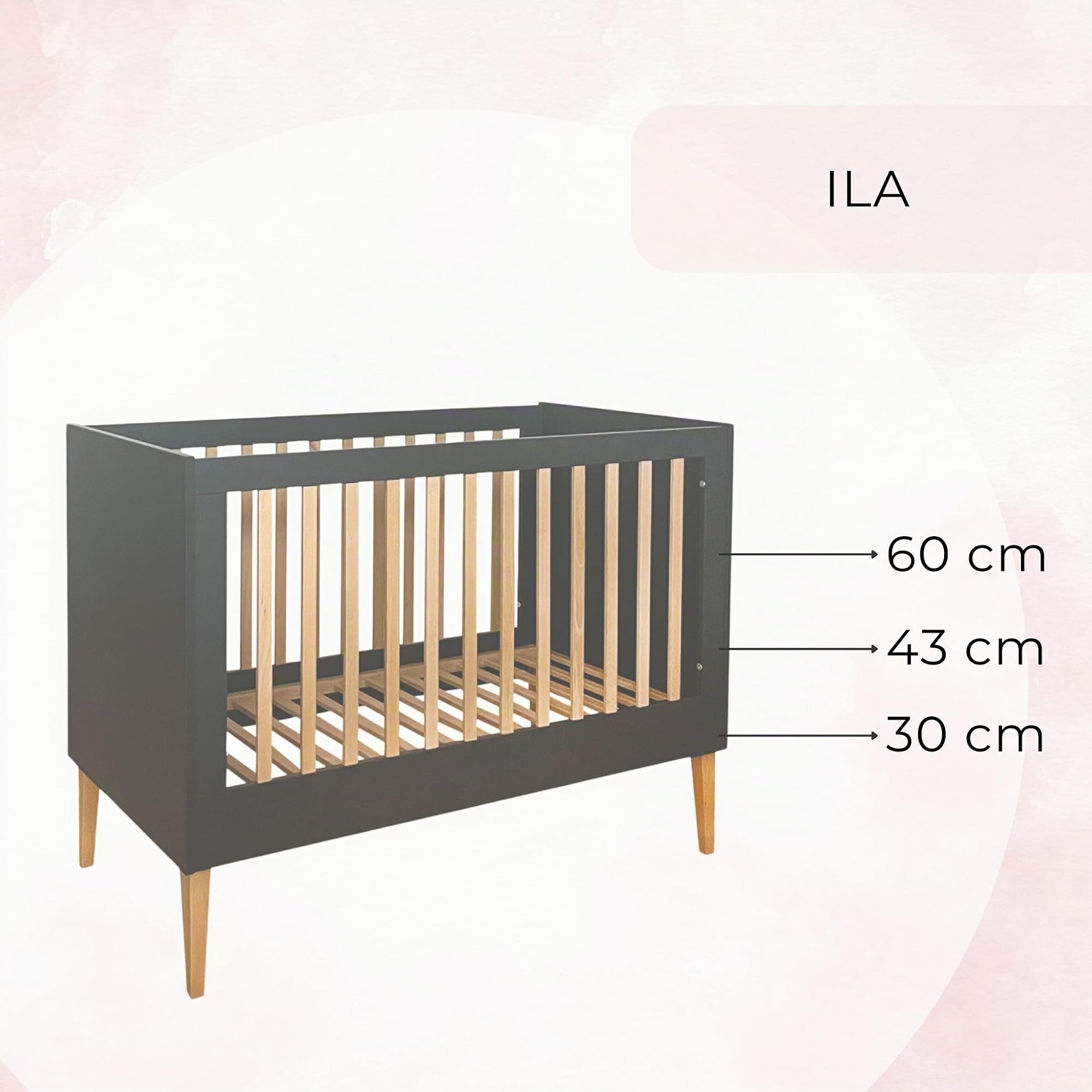 ATB Grau Babybett Ila 60x120 - Baby Bett Für Baby, Massivholz Bed 120x60 for Babys - Kinderbett Ab 3 Jahr - Graphit Crib 60 x 120 - Beyaz Bebek Yatagi - Komplett Beybi Cots Für Sleep