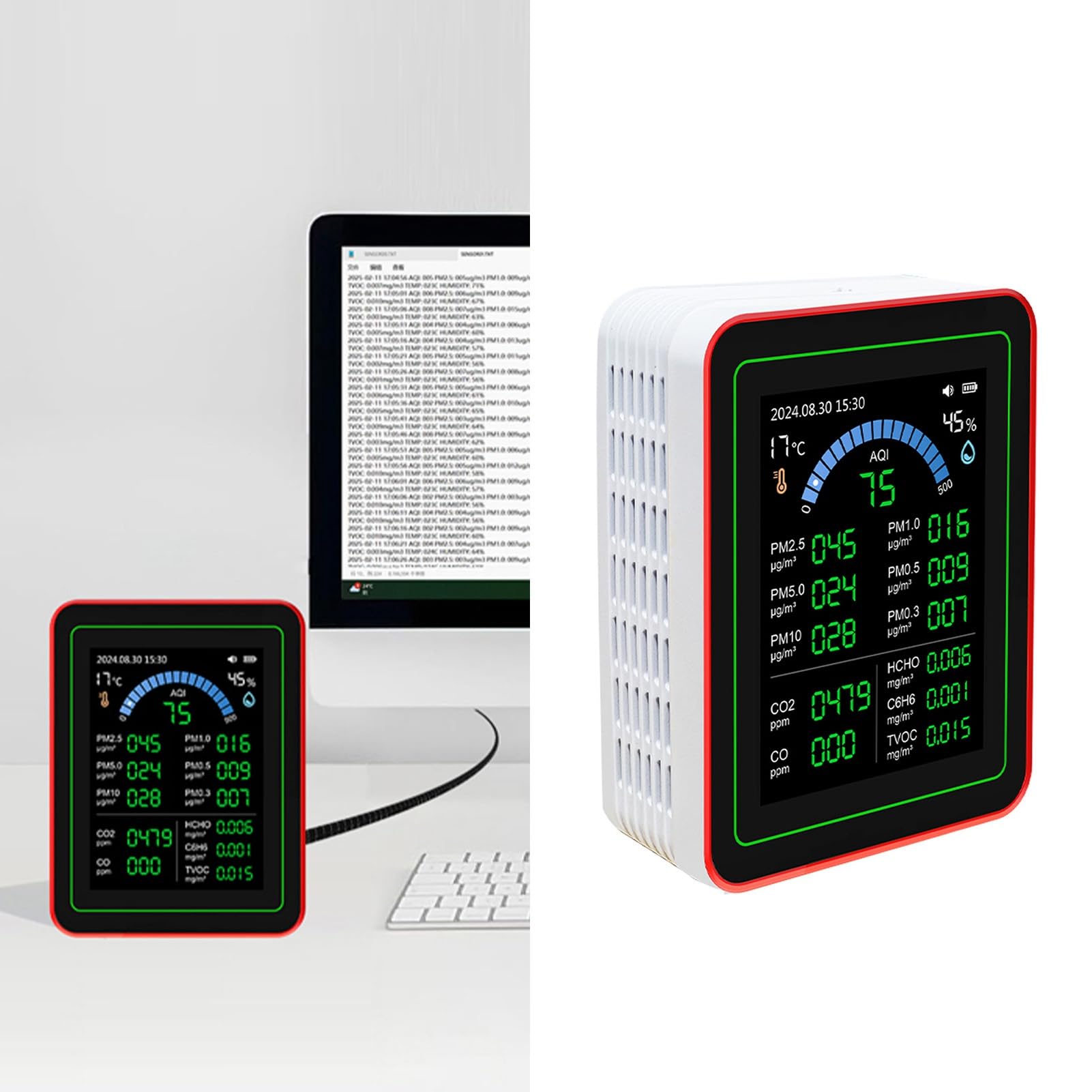Compteur de qualité de L'air Intérieur 18 en 1, Capteur Portable de CO2 TVOC HCHO PM2.5 PM10, alimenté par Batterie, pour le Bureau et la Maison