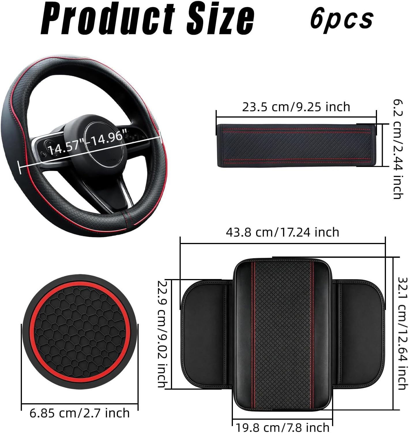 6 PCS Car Accessories Set, 14.5-15 Inch Car Steering Wheel Cover, Armrest Cover, Seat Belt Cushion, Cup Coaster, Interior Auto Accessories for Men Women, Fit for Most Vehicles (Black & Red)