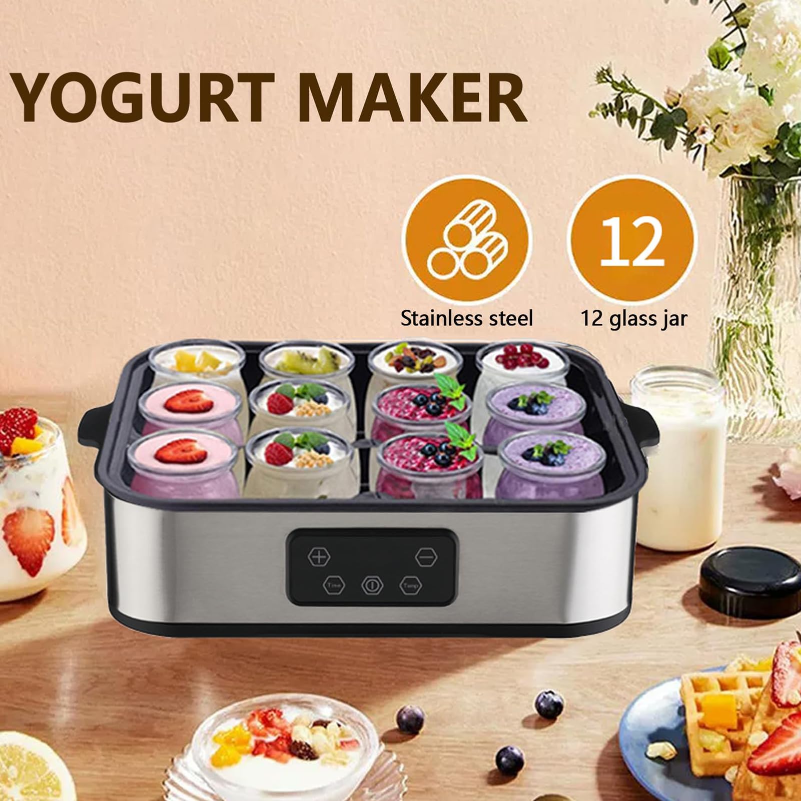 Yogurtiera Elettrica, Yogurtiera Automatica Da 2200 Ml Con 12 Vasetti Di Vetro E Display A Led Per Regolare Temperatura E Timer, Macchina Per Vino Di Riso Per Dessert Sani Fatti 12 Cups