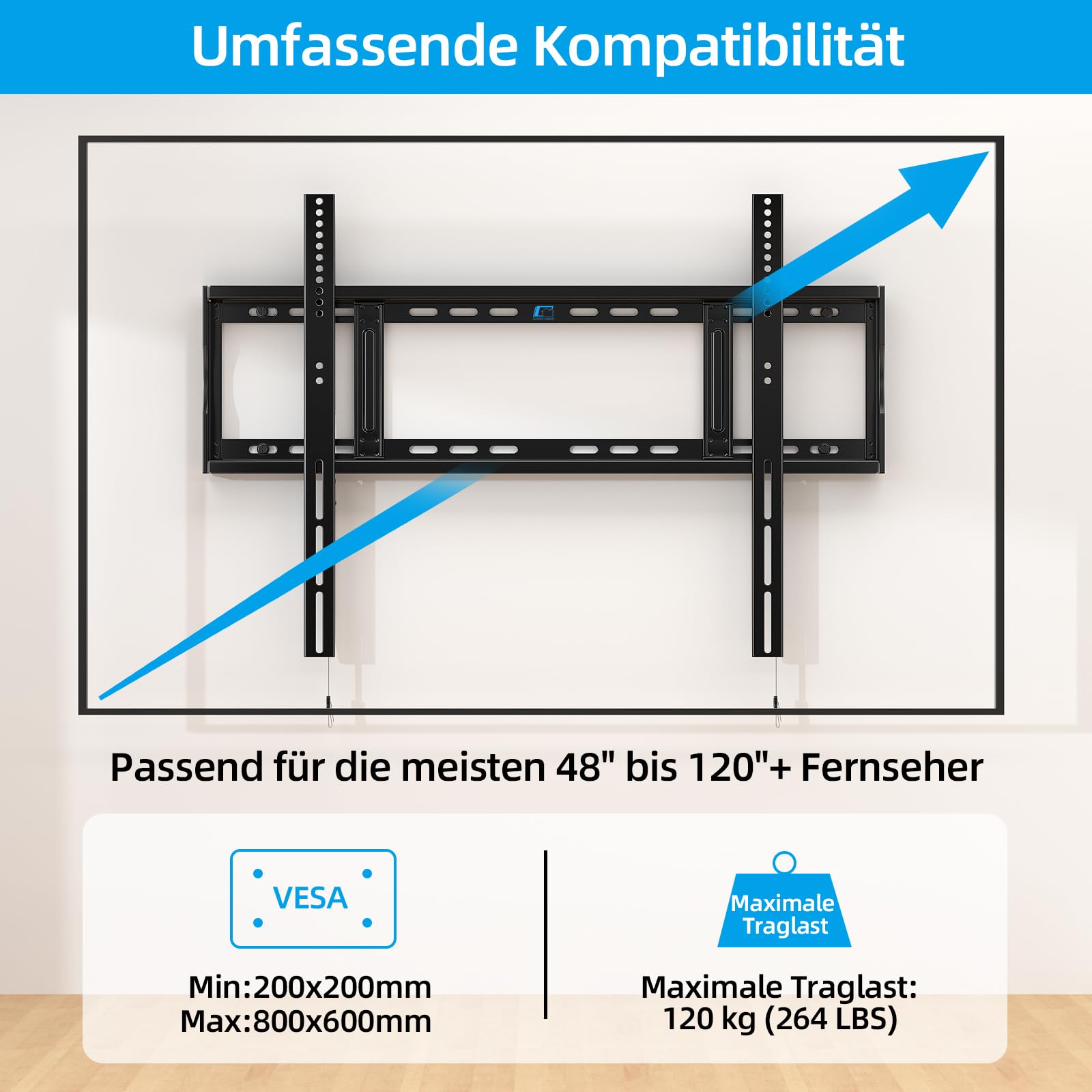 Home Vision TV Wandhalterung 48–120 Zoll Fest, Ultra Flach & Schwerlast bis 120 kg (264 lbs), Max. VESA 800x600, Extra Stabile TV Halterung Fixed, Low Profile Wandhalterung für Große Fernseher