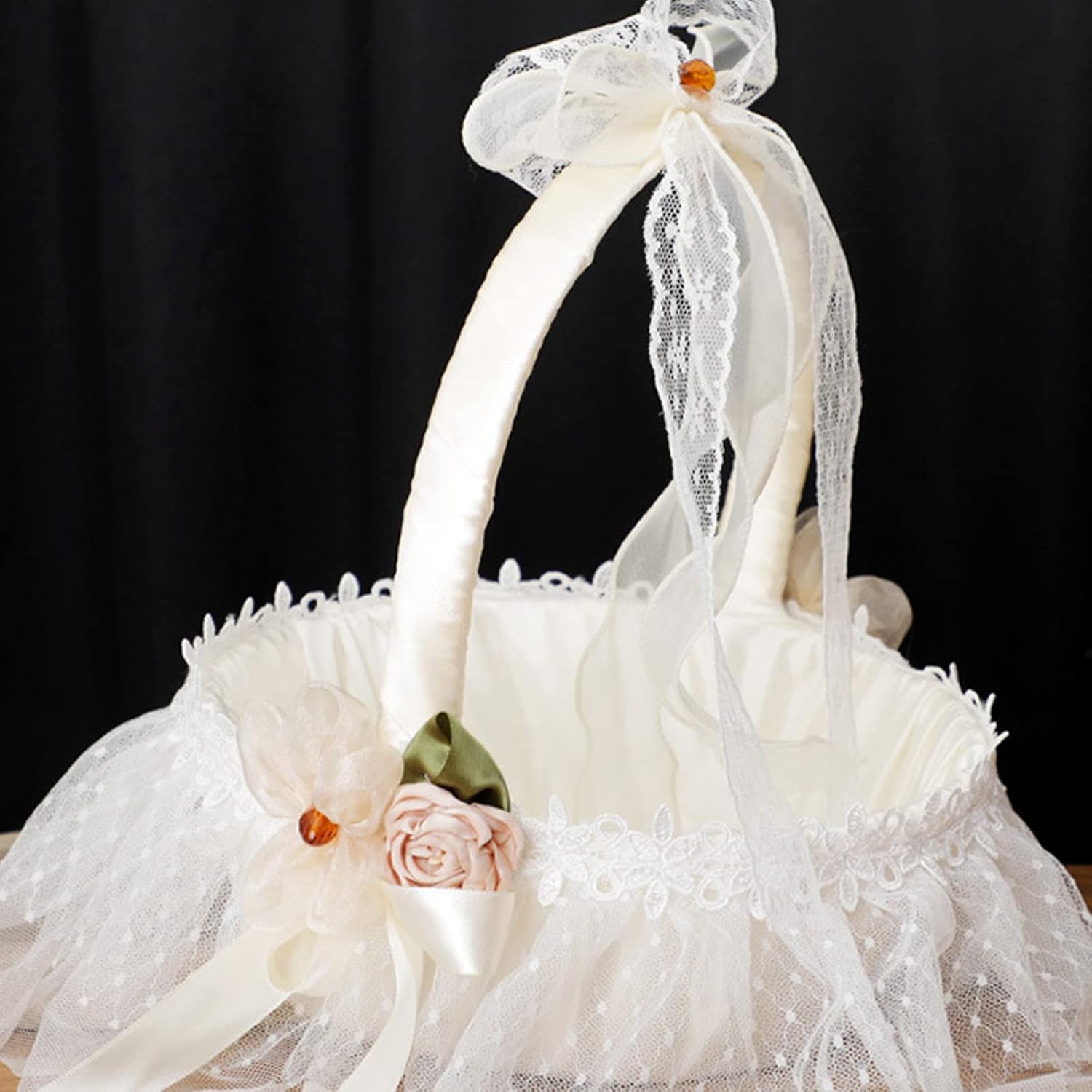 White Handmade Satin Flower Girl Basket with Lace and Rose, Wedding Flower Petal Basket with Ribbon Bow, Fairy Basket for Boys Girls, for Wedding Anniversary Decor (White)