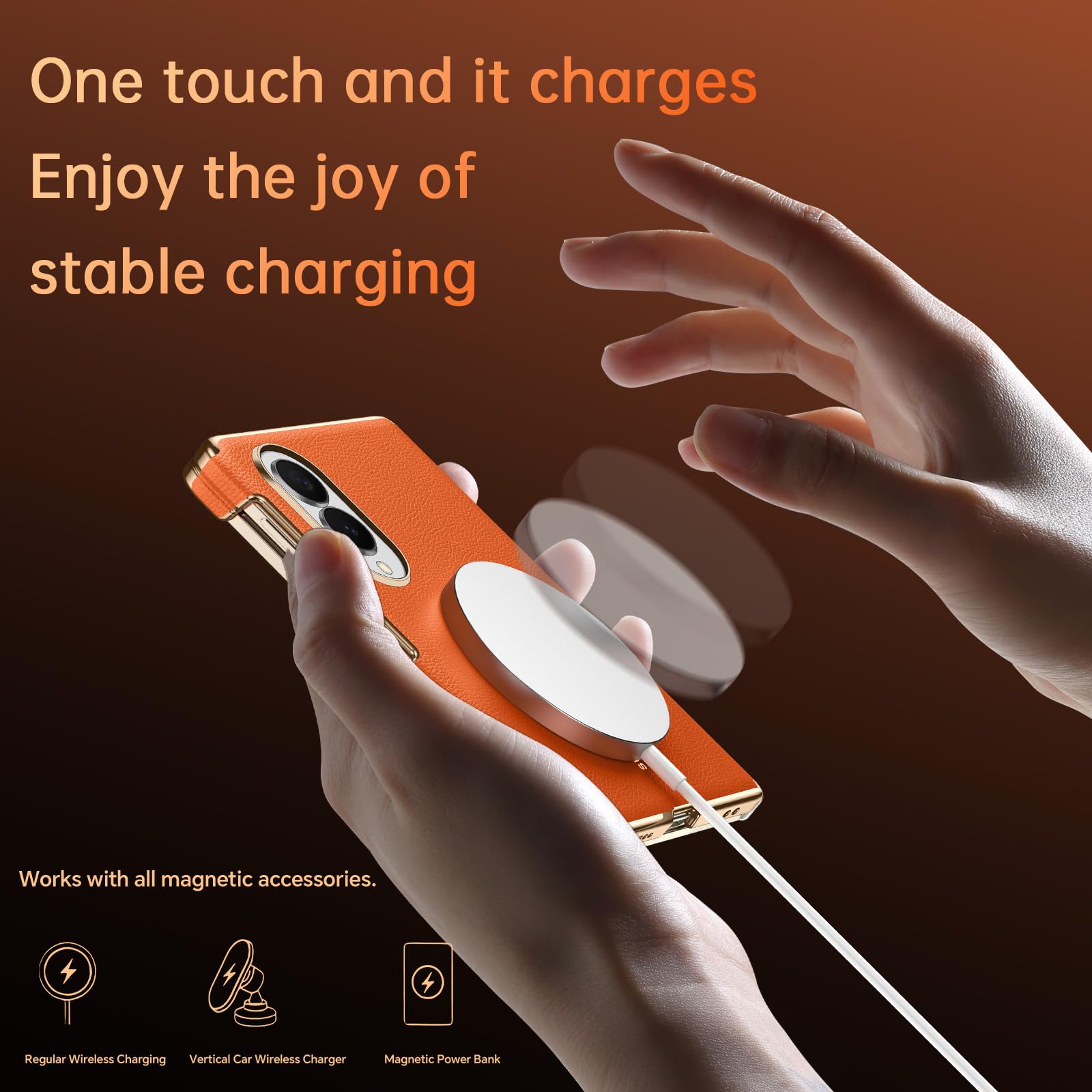 Custodia Magnetica For Samsung Galaxy Z Fold 8, Con Copertura Protettiva For Obiettivo Con Cerniera Custodia In Vera Pelle Elettrolitica Di Lusso Da Lavoro(Orange)