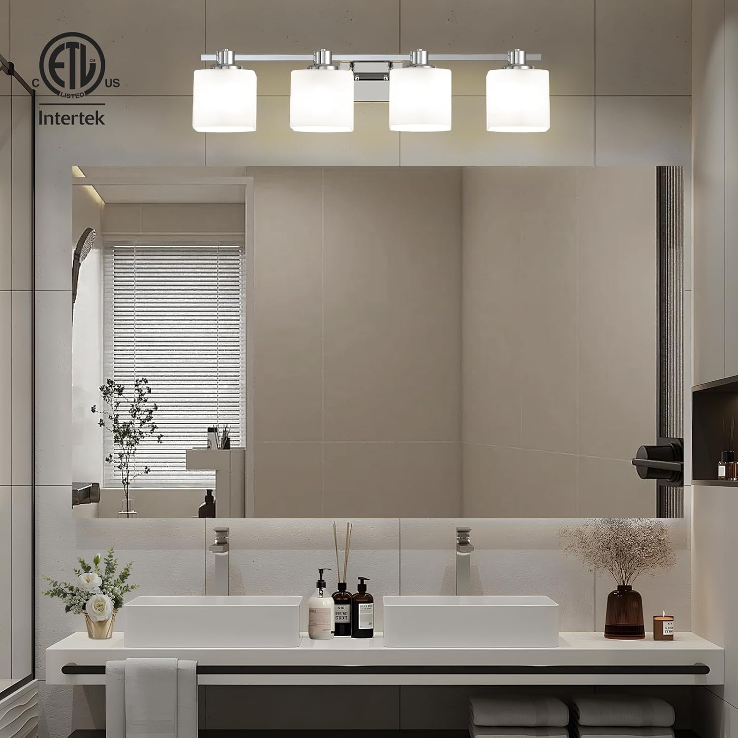 32 Inch Chrome Bathroom Light Fixtures Over Mirror 4 Light Bathroom Vanity Light Silver Modern Industrial Makeup Lighting Wall Sconce Shower Farmhouse Rustic Milk Glass Lamp Above Desk Sink
