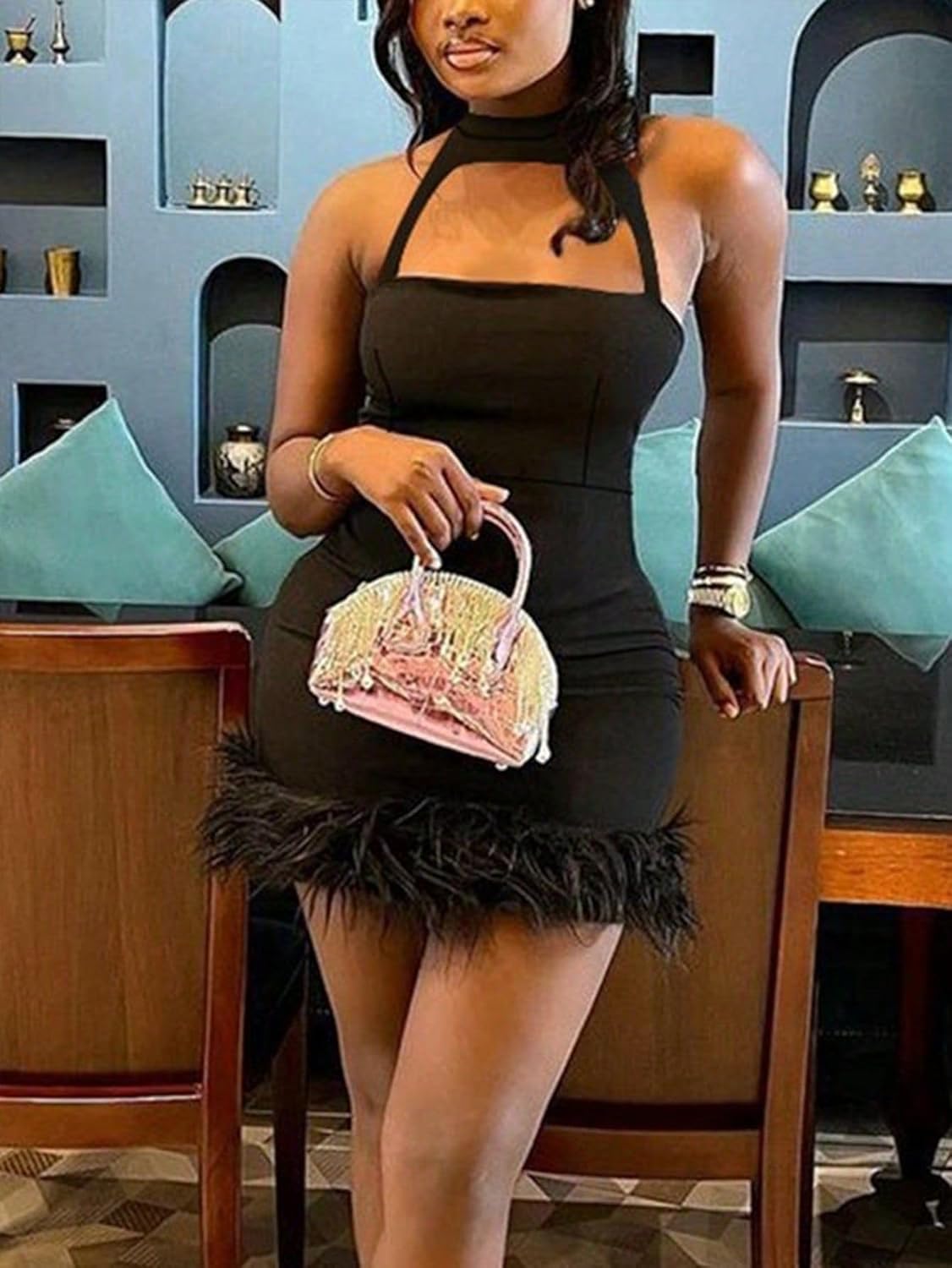 SISKIN Womens Summer Dresses, Sexy Cocktail Prom Club Dresses, Halter Bodycon Cut Out Mini Sleeveless Feather Dress Black L - Image 2