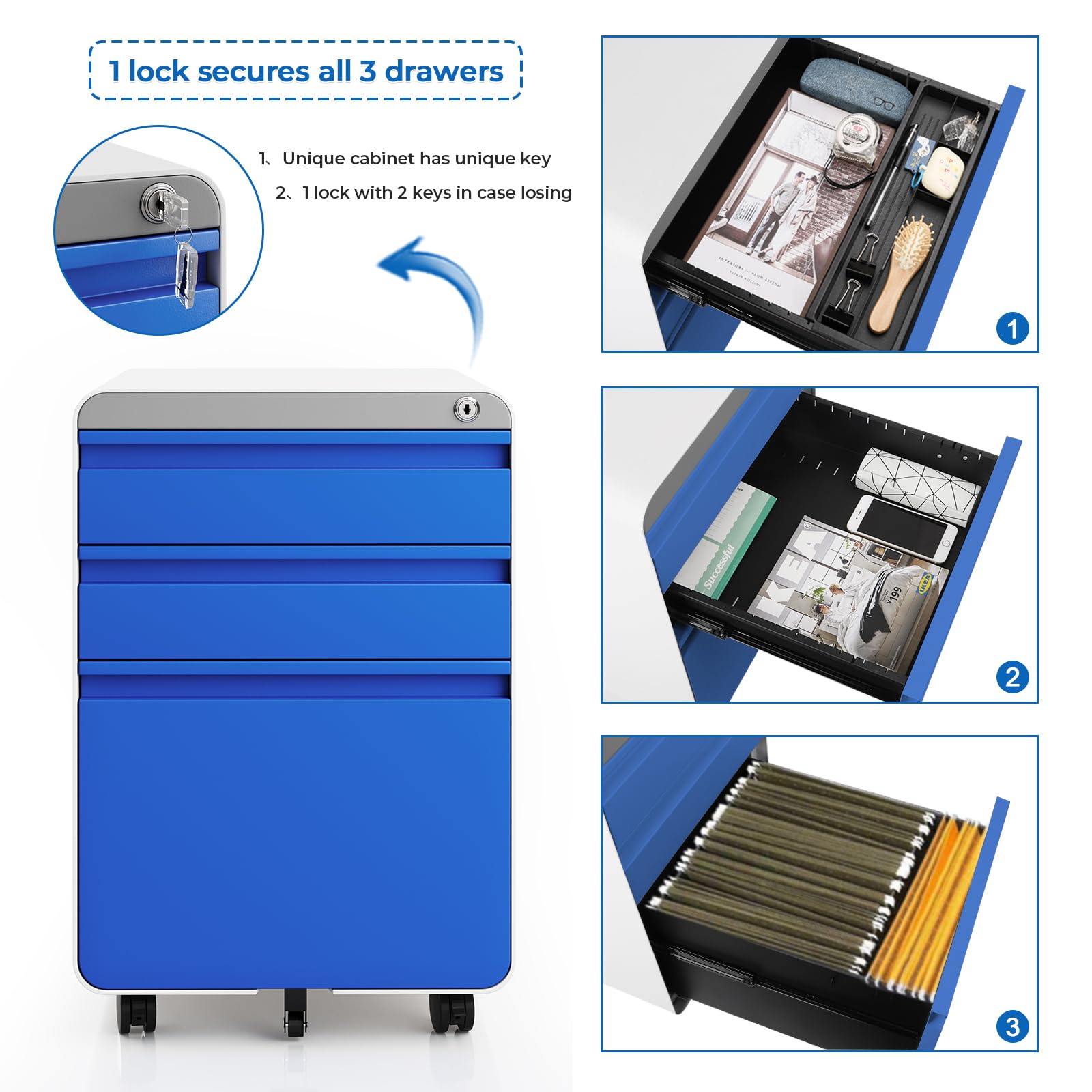 Dripex Caisson de Bureau à Roulette 3 Tiroirs, Meuble Dossier Suspendu, Caisson Métal Verrouillable 40 x 45 x 60 cm - Bleu Mate
