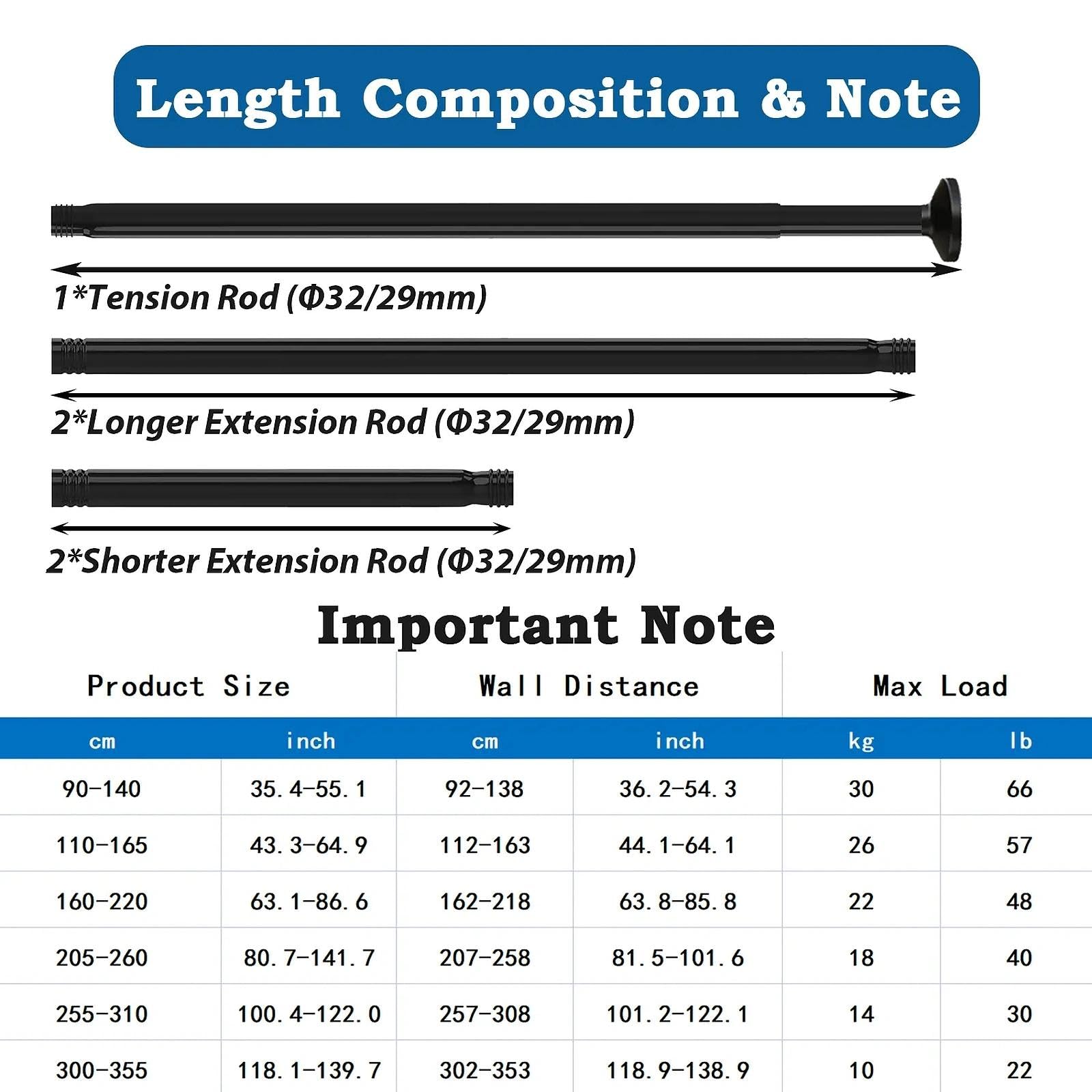 Aiitomg Asta per tende, doccia e vestiti senza fori, lunghezza 400 cm, allungabile per bagno, camera da letto, colore nero (350-405 cm Φ32 mm)