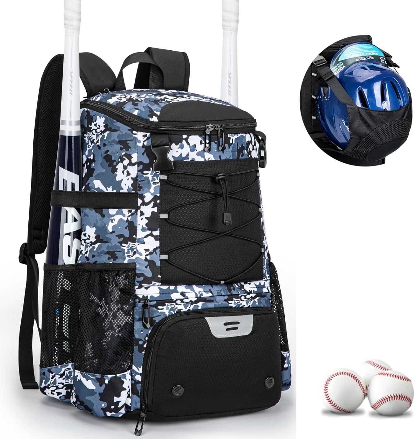 baseball bag for youth and adult, softball backpack 40l large capacity, bat backpack with shoes compartment and hidden helmet holder blue camo