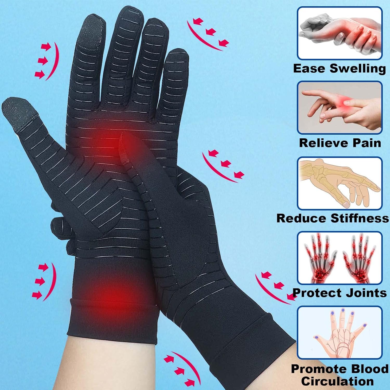2 Pairs Full Finger Copper Arthritis Compression Gloves with Touchscreen Tips. Relief for Hand Pain, Carpal Tunnel, Rheumatoid, Inflammation, Tendonitis, Trigger Finger, RSI, Fit for Men Women (S)
