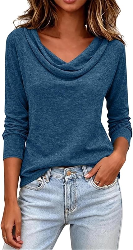 3/4 Length Sleeve Tops for Women Cowl Neck Dressy Casual Shirts Solid Color Loose Fit Blouses Business Tunic Tees