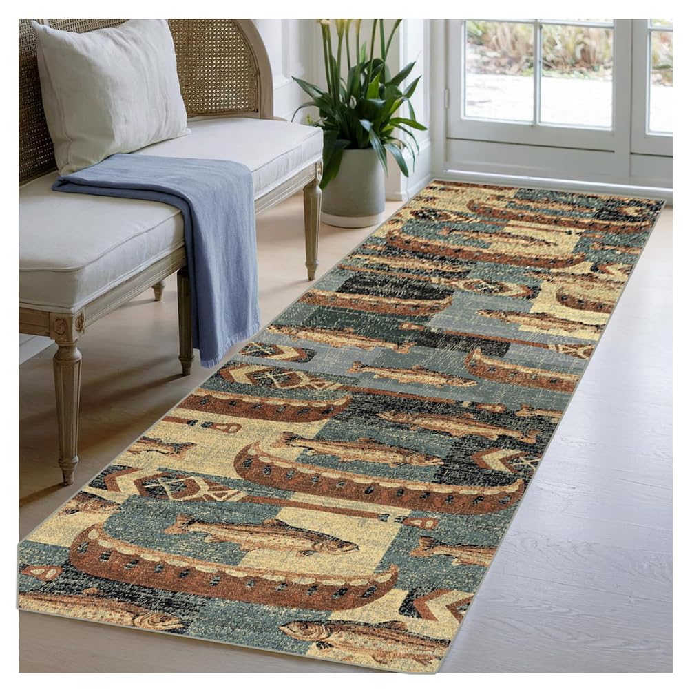 Braun Teppich Läufer Flur Lang Waschbar rutschfest Vintage Fisch 100x250 cm Küchenläufer wenig Langflurläufer Bettvorleger Weich für Küche Wohnzimmer Schlafzimmer Korridor Eingang
