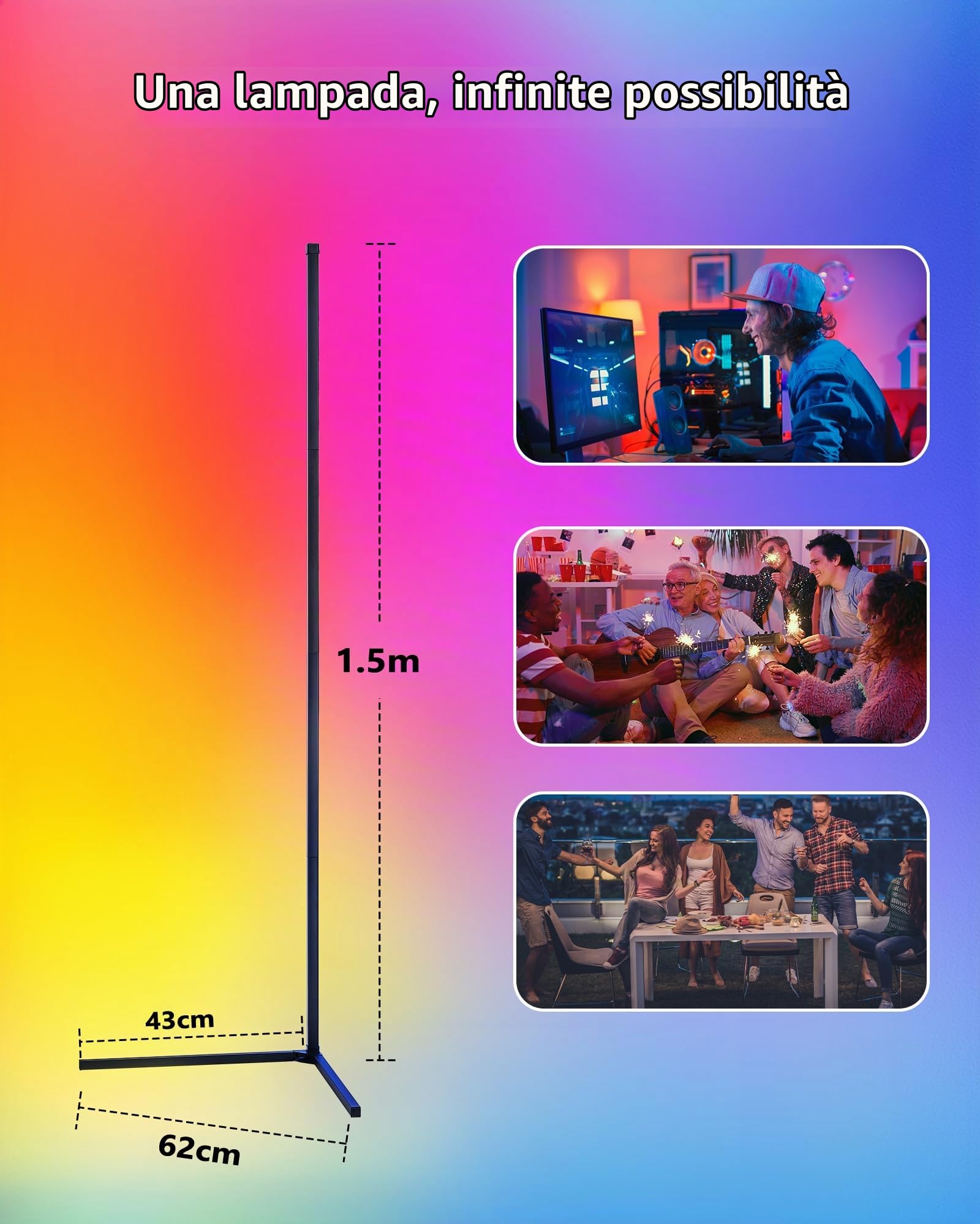Set 2 Lampade da Terra LED RGB 150cm – Piantane da Angolo Dimmerabili con Telecomando, Controllo Alexa, Illuminazione Ambientale per Salotto, Camera da Letto, Sala Giochi