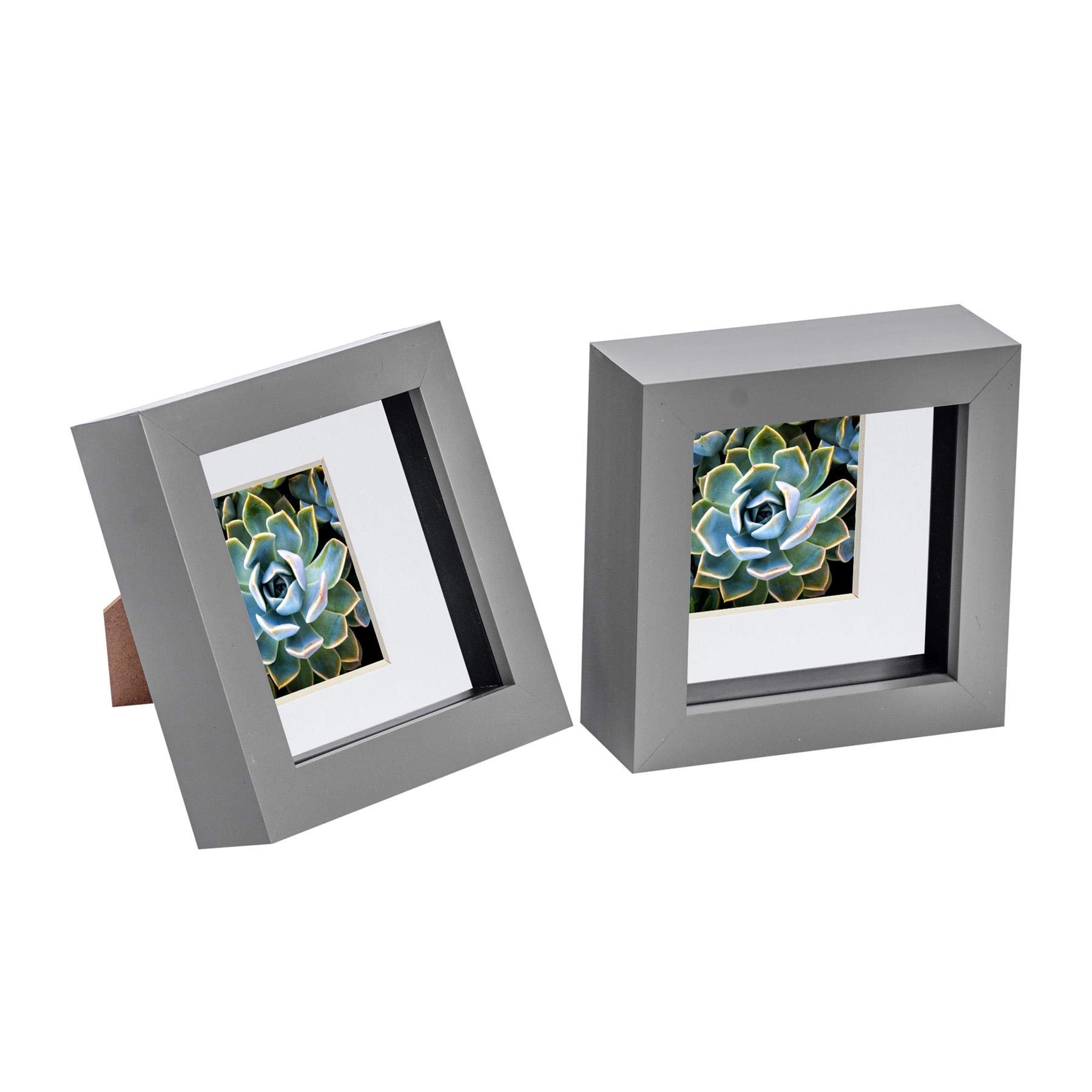 Nicola Spring 3D Shadow Box Photo Frame - 4x4 (10x10cm) - Pack of 2 - Grey 3D Photo Frame with 2x2 White Mount Picture Box Small Square Display Case for Crafts, Keepsakes