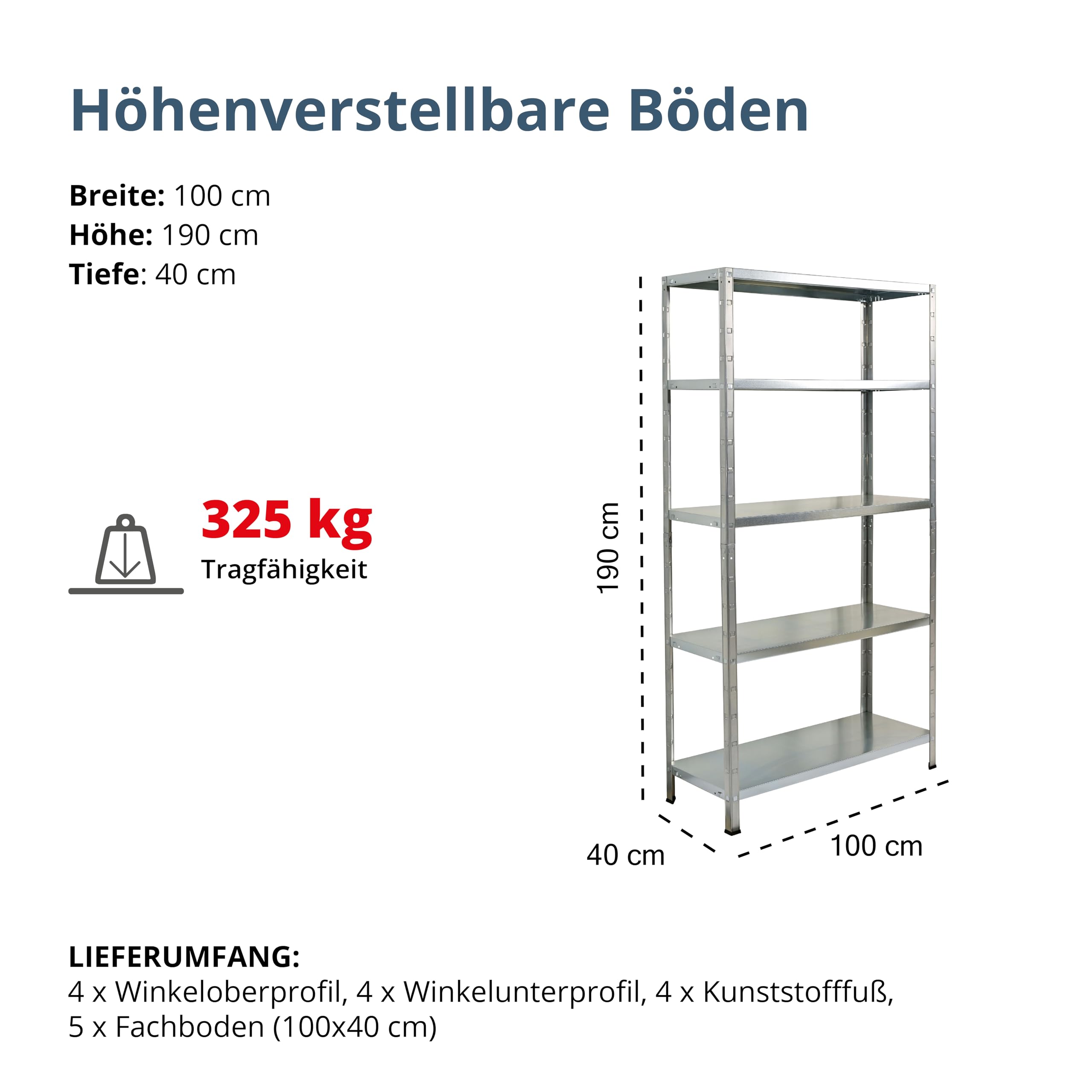SCHULTE Regalwelt Steckregal mit 5 PowerMAX Fachböden, 65 kg Tragkraft, 190x100x40 cm (HxBxT), verzinkt, Lagerregal, Werkstattregal, Kellerregal, Garagenregal, Metallregal | mit 5 PowerMAX Fachböden, 65 kg Tragkraft verzinkt, Lagerregal, Werkstattregal, K