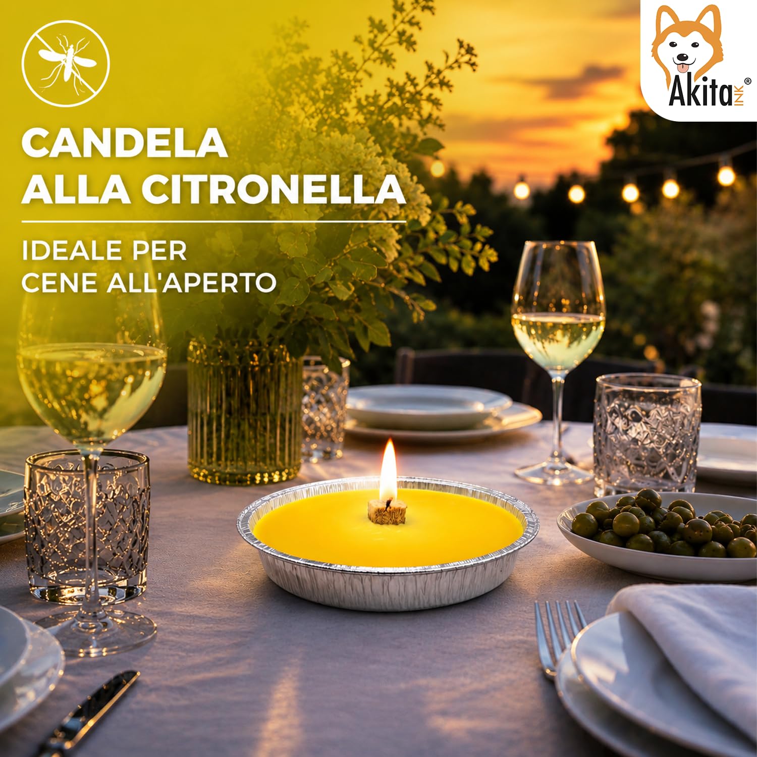 Akitaink Candele Citronella Antizanzare Esterno, Set da 5 Pezzi | Fiaccole Ø 14 cm, Ciotola di Alluminio, Disponibili in Set da 5 o 10