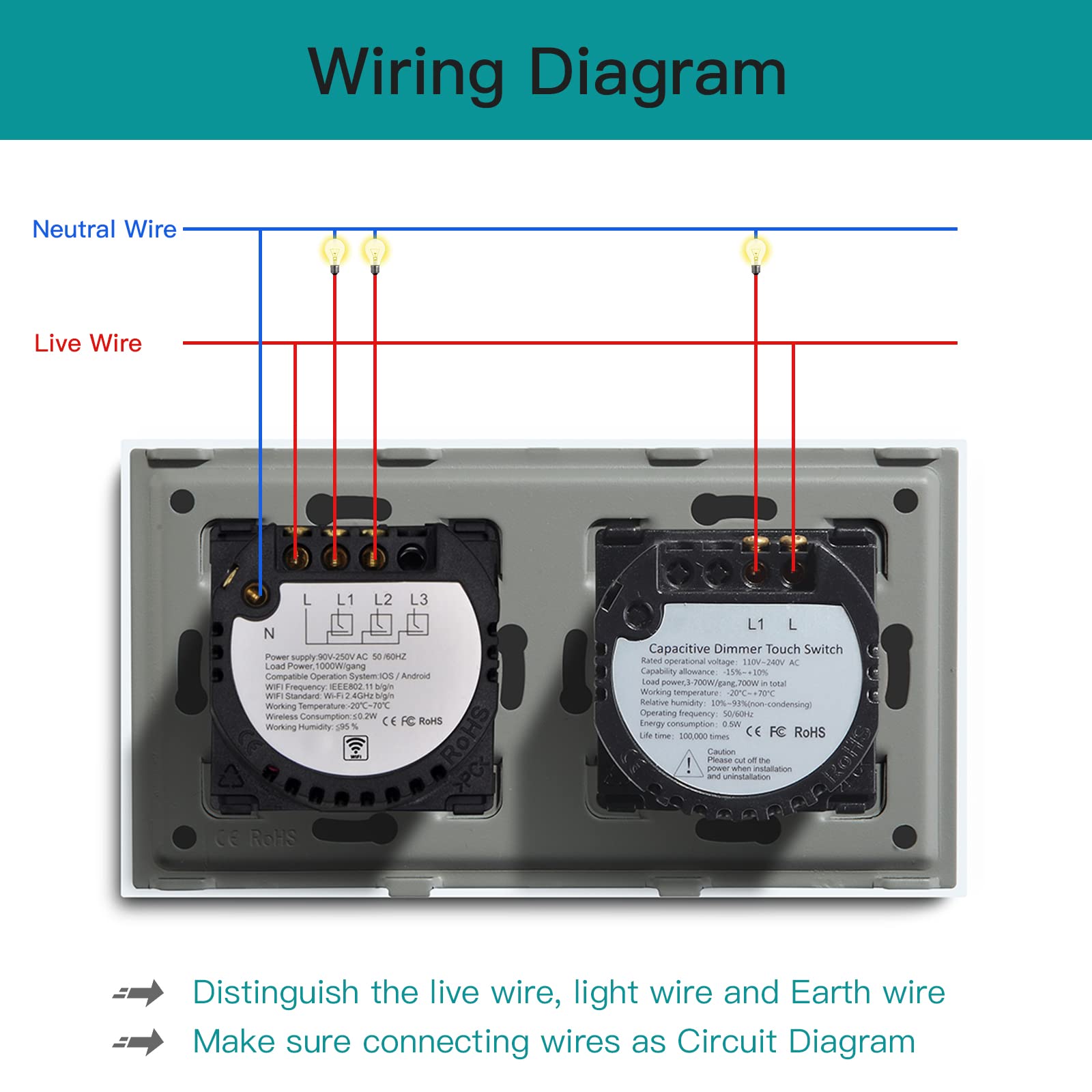 BSEED Interruptor Táctil Dimmer 1 Gang Y WiFi 2 Gang – Compatible Con Alexa Y Google Home, Panel De Vidrio Blanco (necesita Cable Neutro)