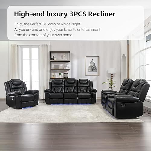 Miniatura 3 de Juego de 3 muebles de sala de estar, juegos de sofás seccionales de cuero reclinables, asientos de cine en casa, sofá reclinable manual con consola