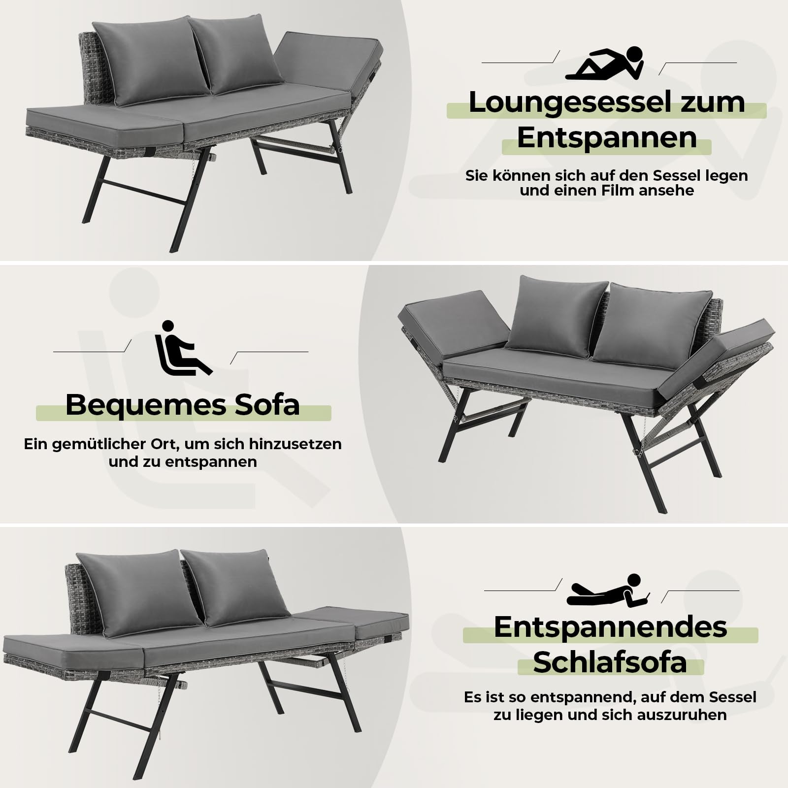 LIFERUN Rattan-Gartenbank Für Garten, Terrasse,Balkon,Poolbereich,Innenhof, Polyrattan,Loungesofa,Gartensofa,2-Sitzer,Verstellbare Armlehnen,Outdoor Sofa,Graues Rattan