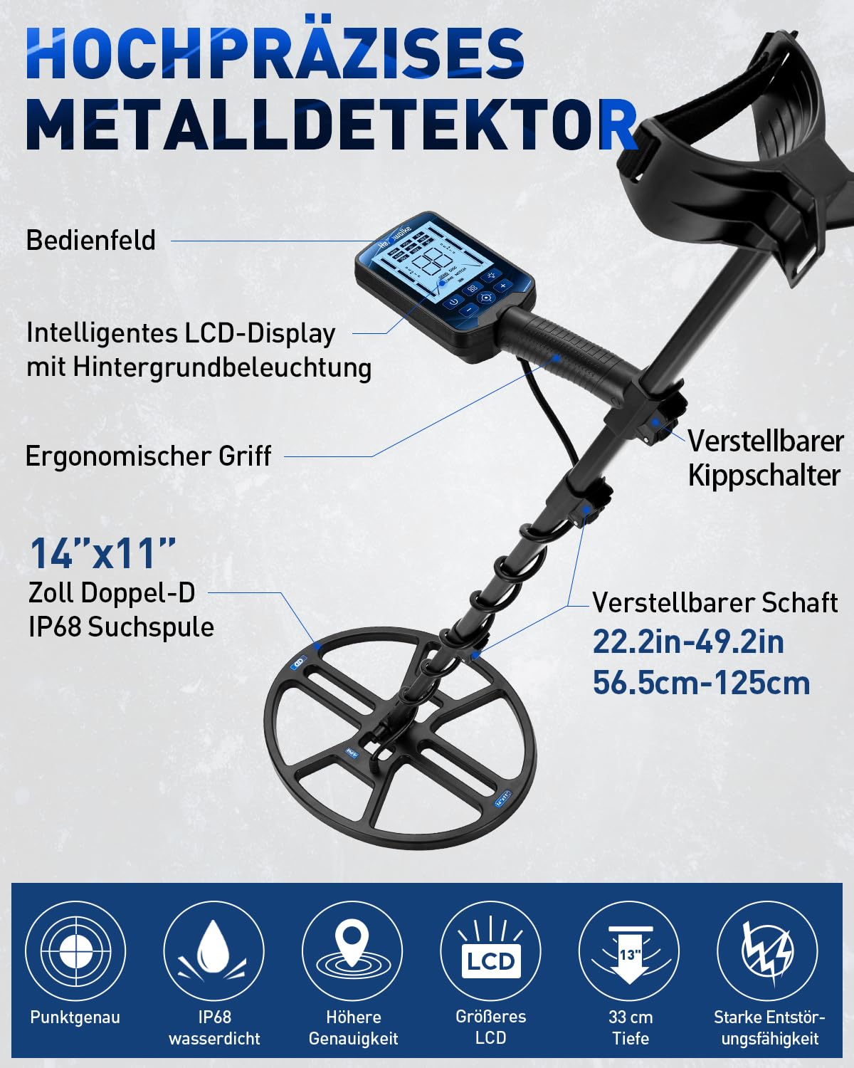 Hazlewolke Metalldetektor Professional, 14'' wasserdichte & Breiterer Scanbereich DD-Suchspule, Metal Detector mit Pinpoint-Modus, 33 cm Suchtiefe, 4 Modi, Gold Detektor für Erwachsene