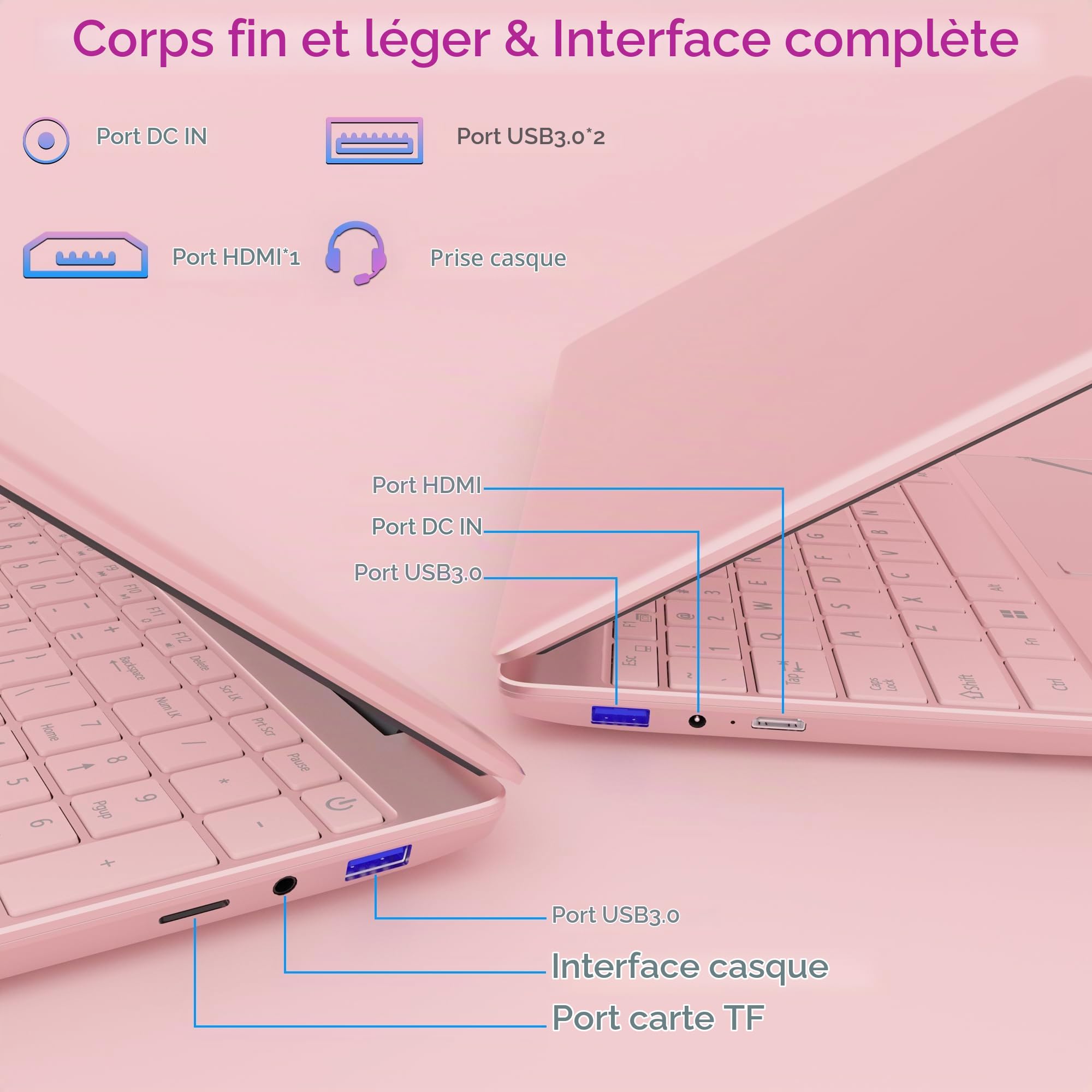 PINSTONE Ordinateur Portable 15,6 Pouces Rose, 16 Go DDR4 RAM, 512 Go SSD