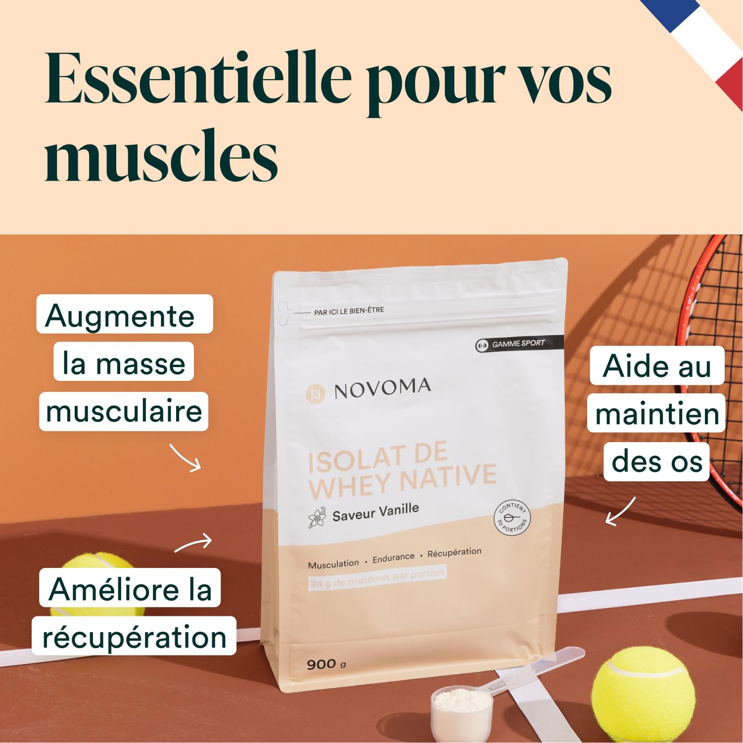 NOVOMA Whey Isolate Native, Protéine Pure Non Dénaturée, 24g de Protéines par Portion, Saveur Vanille, Musculation, 30 Portions, Sachet 900g, Fabriqué en France