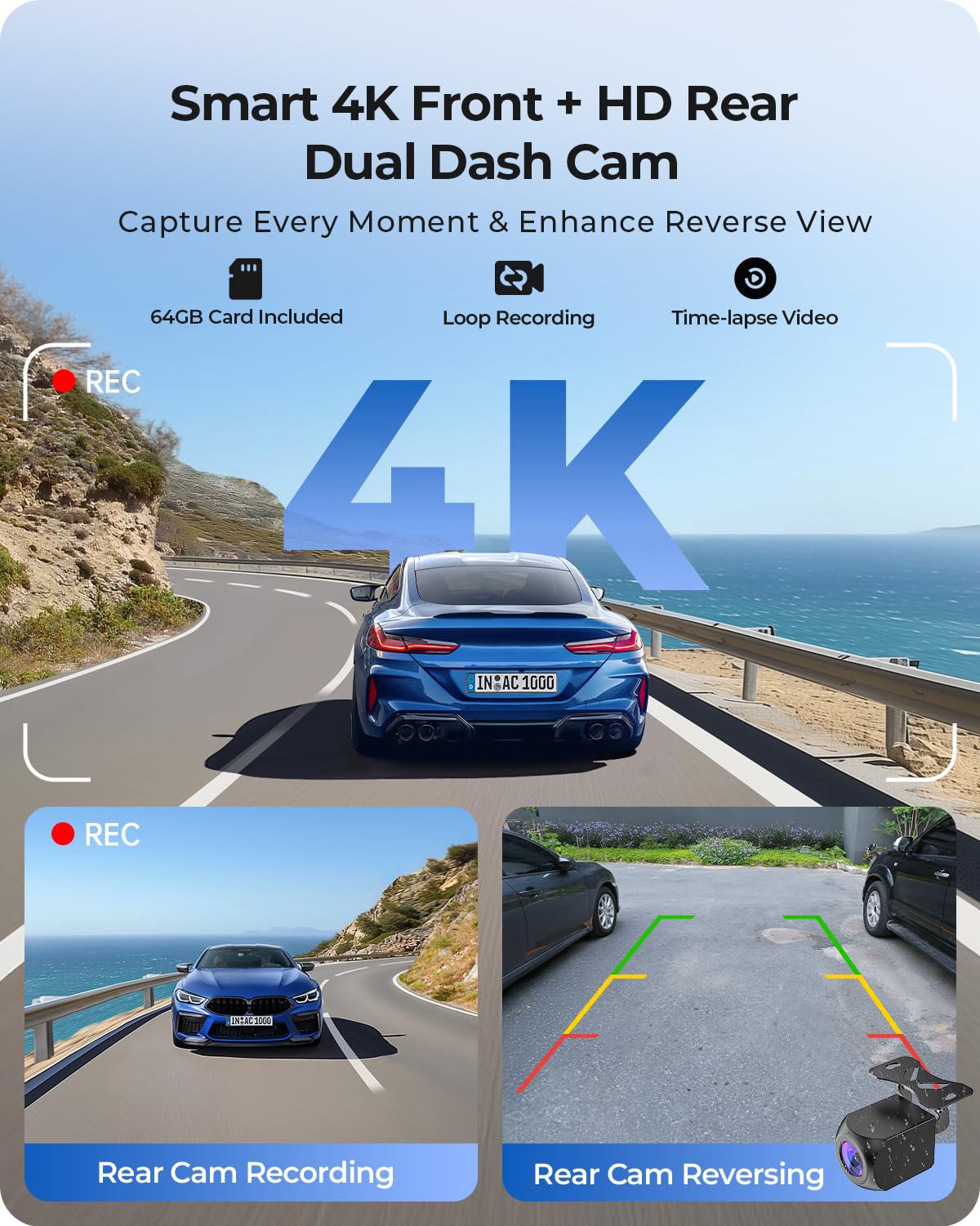 Bezprzewodowy przenośny wyświetlacz Car Play o przekątnej 9,26" z przednią kamerą 4K i tylną kamerą HD - podwójna kamera samochodowa dla Apple CarPlay i Android Auto z aktualizacjami OTA