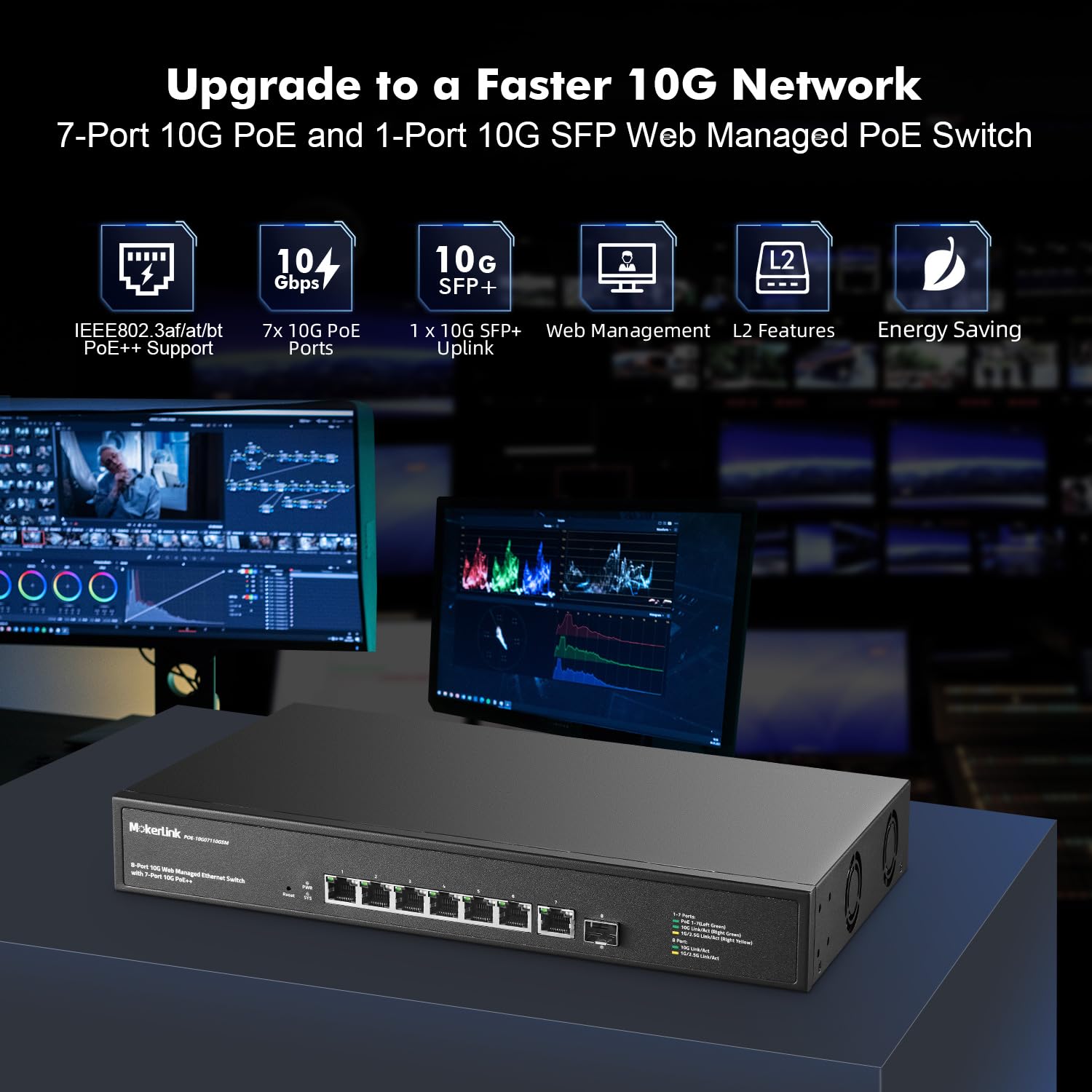 MokerLink 8 Port 10 Gigabit PoE Web Managed Switch z 10G SFP+, 7 portów PoE++ IEEE802.3af/at/bt 260W, zarządzany przełącznik sieciowy do montowania w szafie