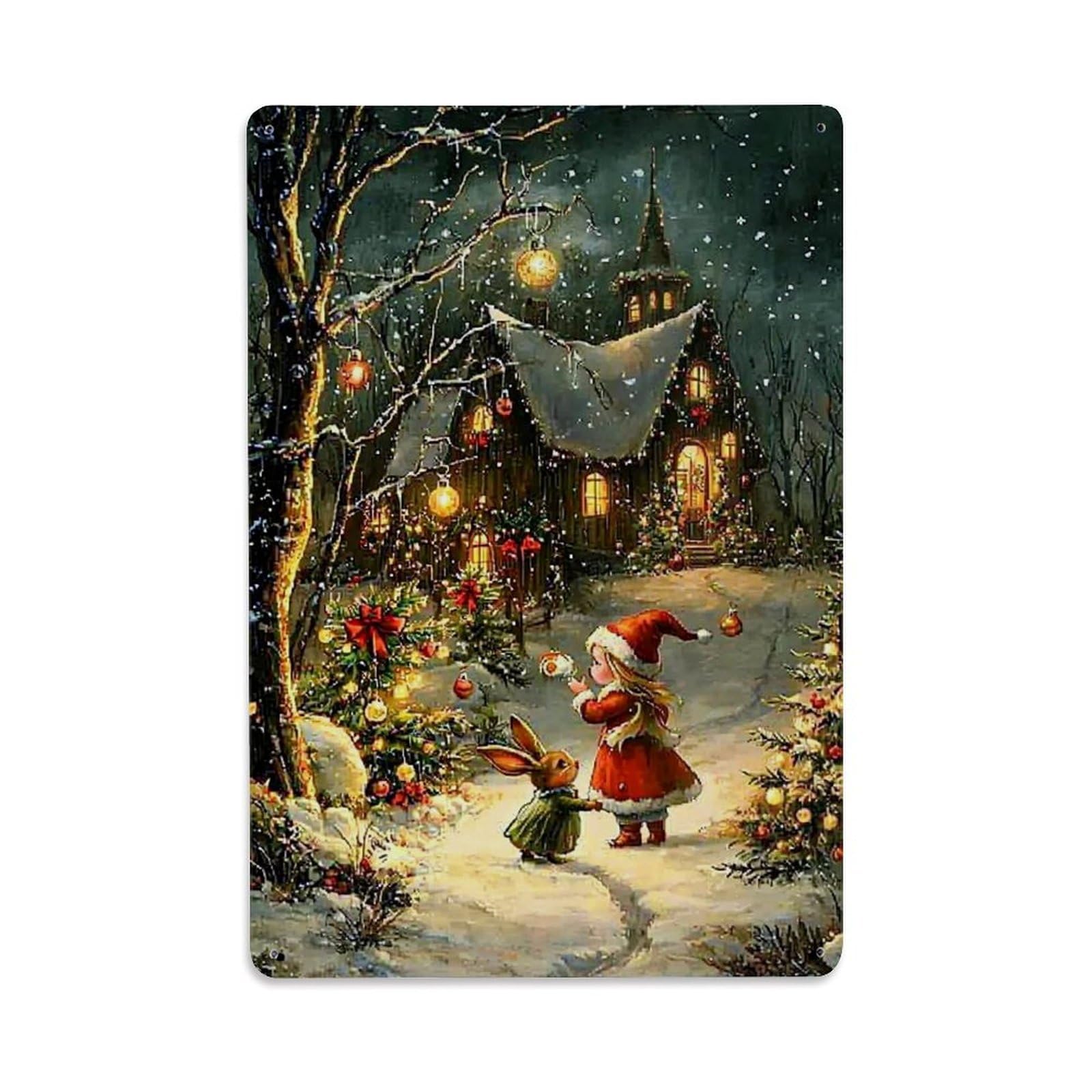 Jdfenggu Vintage Christmas Cottage Snowy Night Scene Retro Metal Tin Sign, Decor Art Poster For Bar, Home, Man Cave, Kitchen, Laundry Room Gift 8X12inch