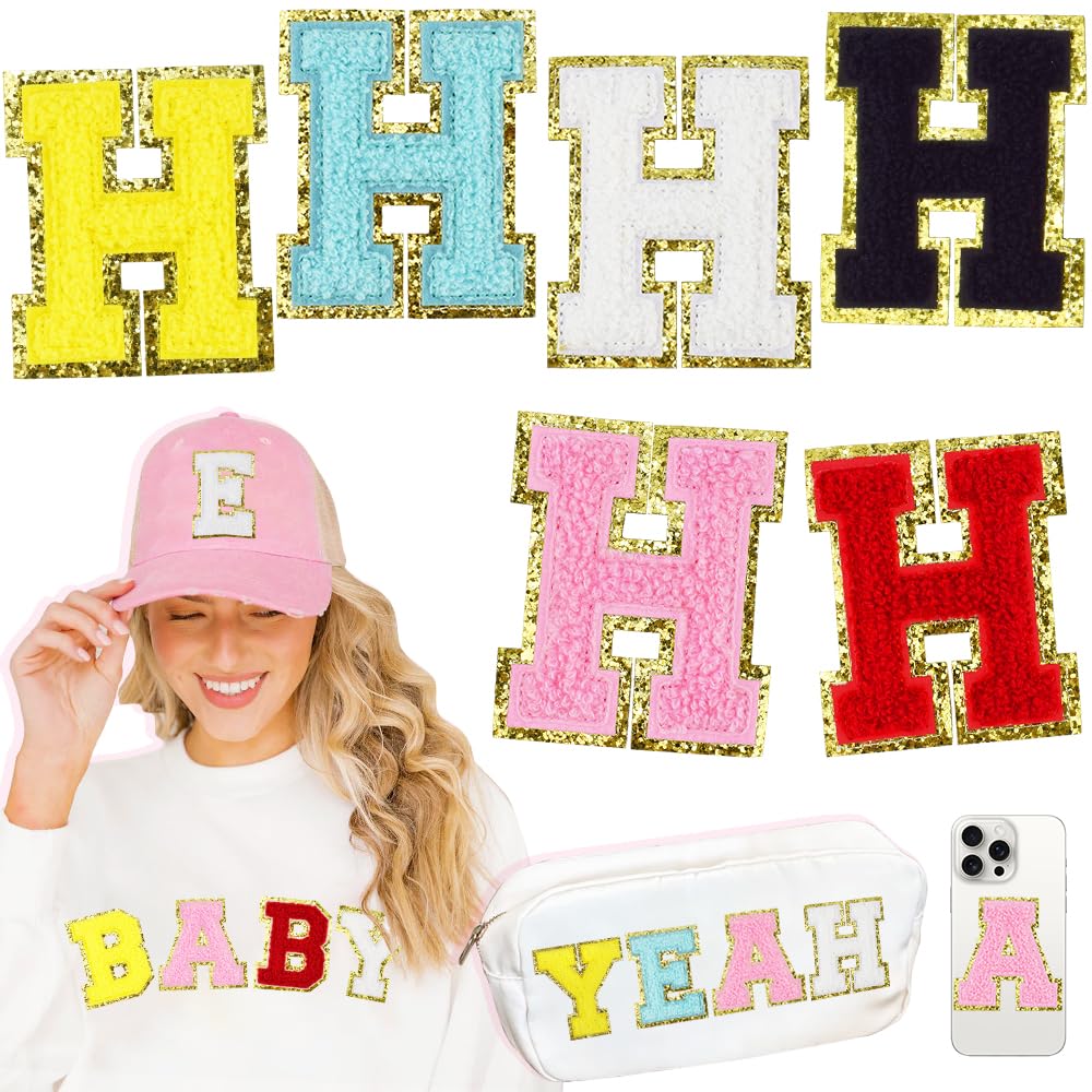 6 Pcs Large 3 Inch H Chenille Letter Patches, Iron on Letters for Fabric and Clothing, Glitter Embroidery Varsity for Letterman Jacket, Backpacks Hats, Sew or Iron on