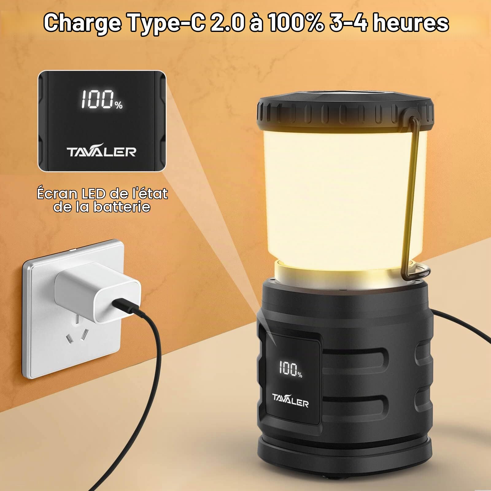 Tavaler Lanterne de camping 8000 mAh Batterie USB C Rechargeable Lampe de camping avec indicateur de batterie LED Écran Lumière de camping IP65 Étanche Lampe de camping pour randonnée extérieur