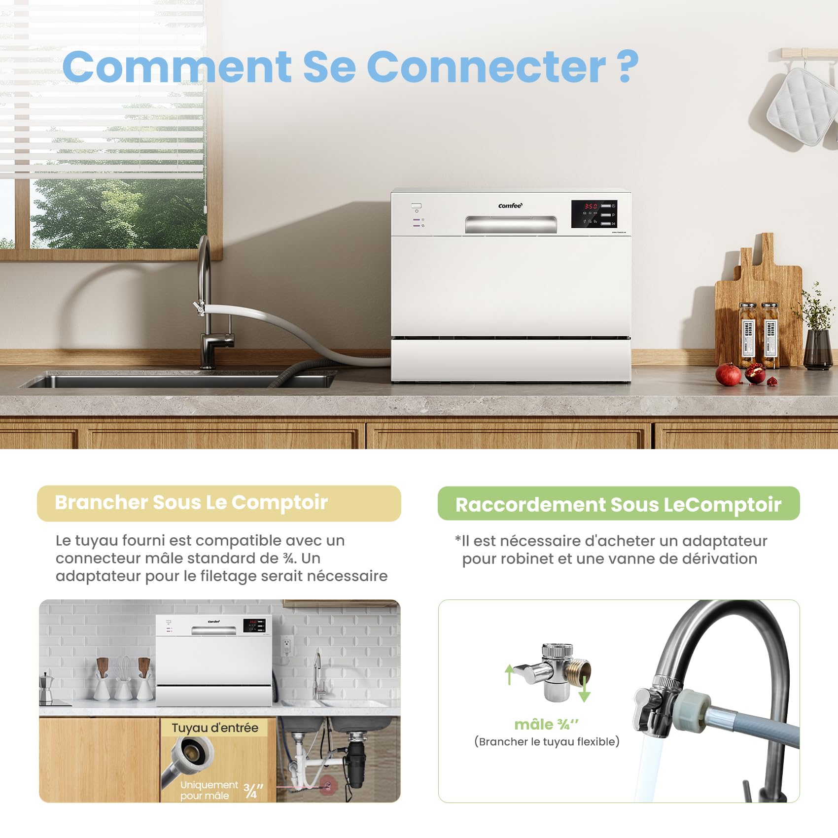 COMFEE' TD602E-W Lave-vaisselle compact pose libre 6,5 L 47 dB blanc